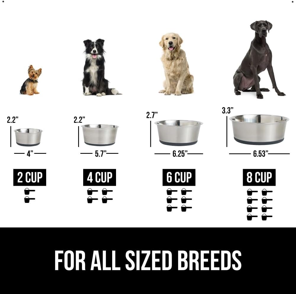 GORILLA GRIP Set of 2 Dog Bowls, Holds 6 Cups (48 fl oz), Heavy Duty Metal Food and Water Bowl for Feeding Dogs and Cats, Dishwasher Safe, Rust Resistant Stainless Steel, BPA Free Rubber Base, Gray