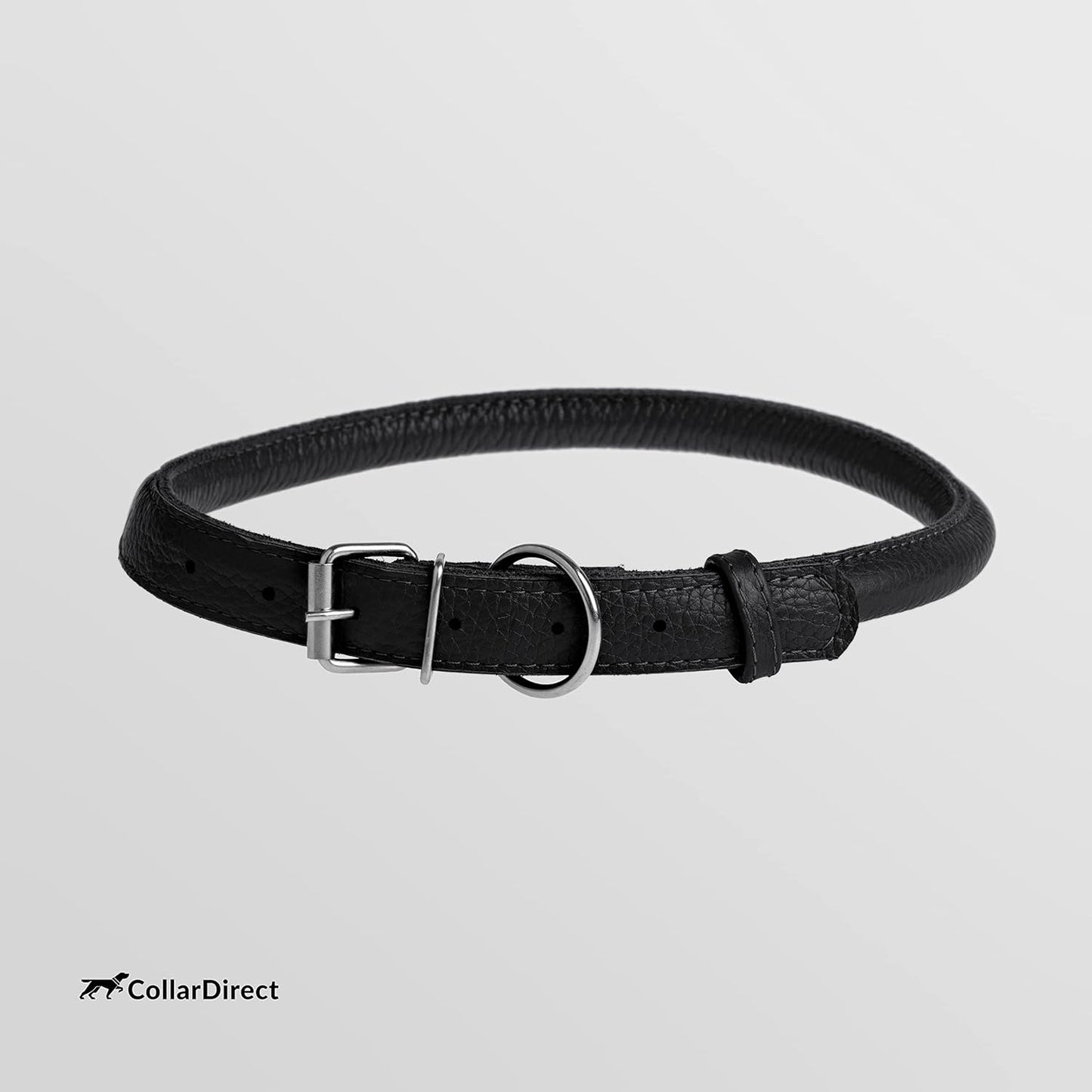 CollarDirect Rolled Leather Dog Collar, Soft Padded Round Puppy Collar, Handmade Genuine Leather Collar Dog Small Large Cat Collars 13 Colors (8-11 Inch, Black Textured)