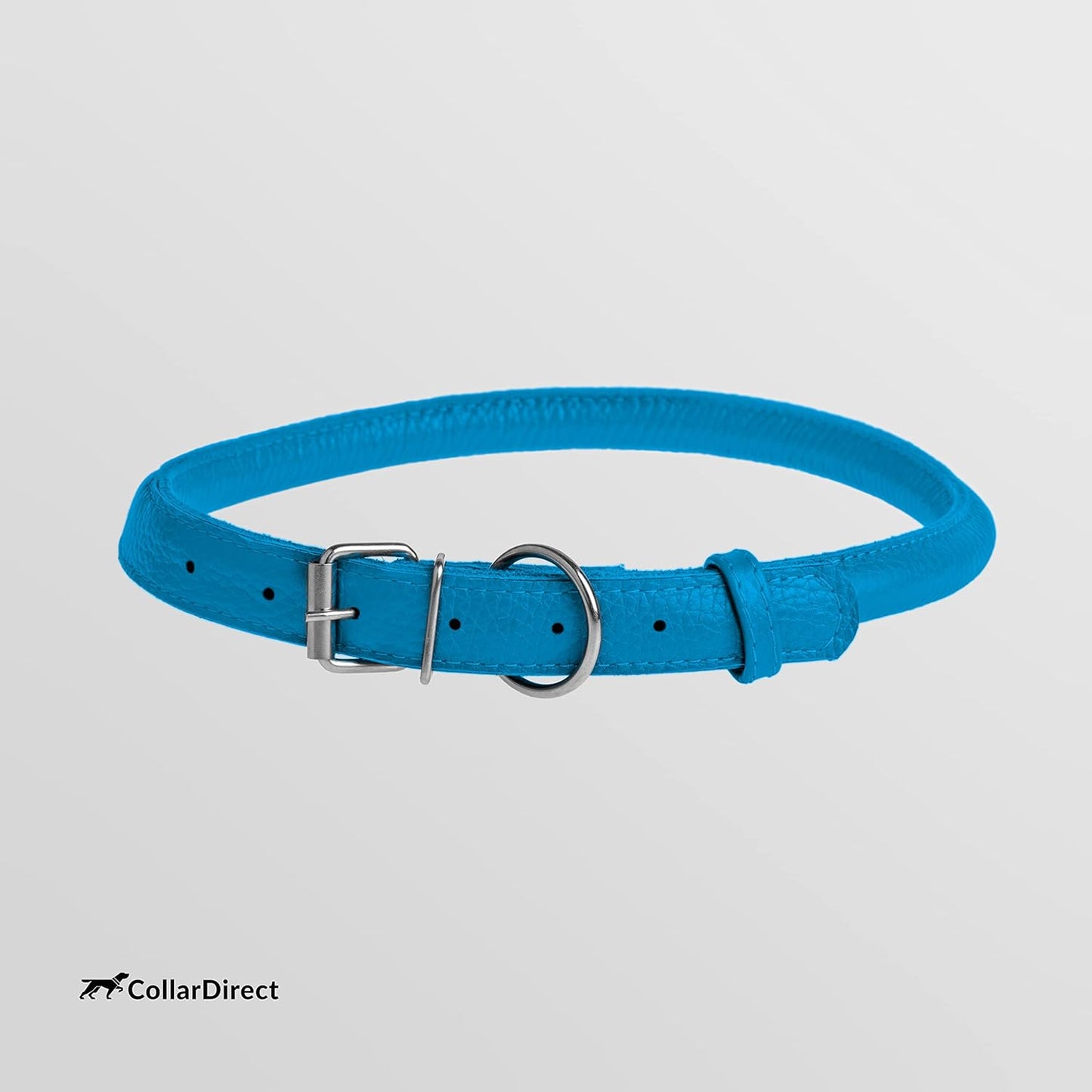 CollarDirect Rolled Leather Dog Collar, Soft Padded Round Puppy Collar, Handmade Genuine Leather Collar Dog Small Large Cat Collars 13 Colors (8-11 Inch, Light Blue Textured)