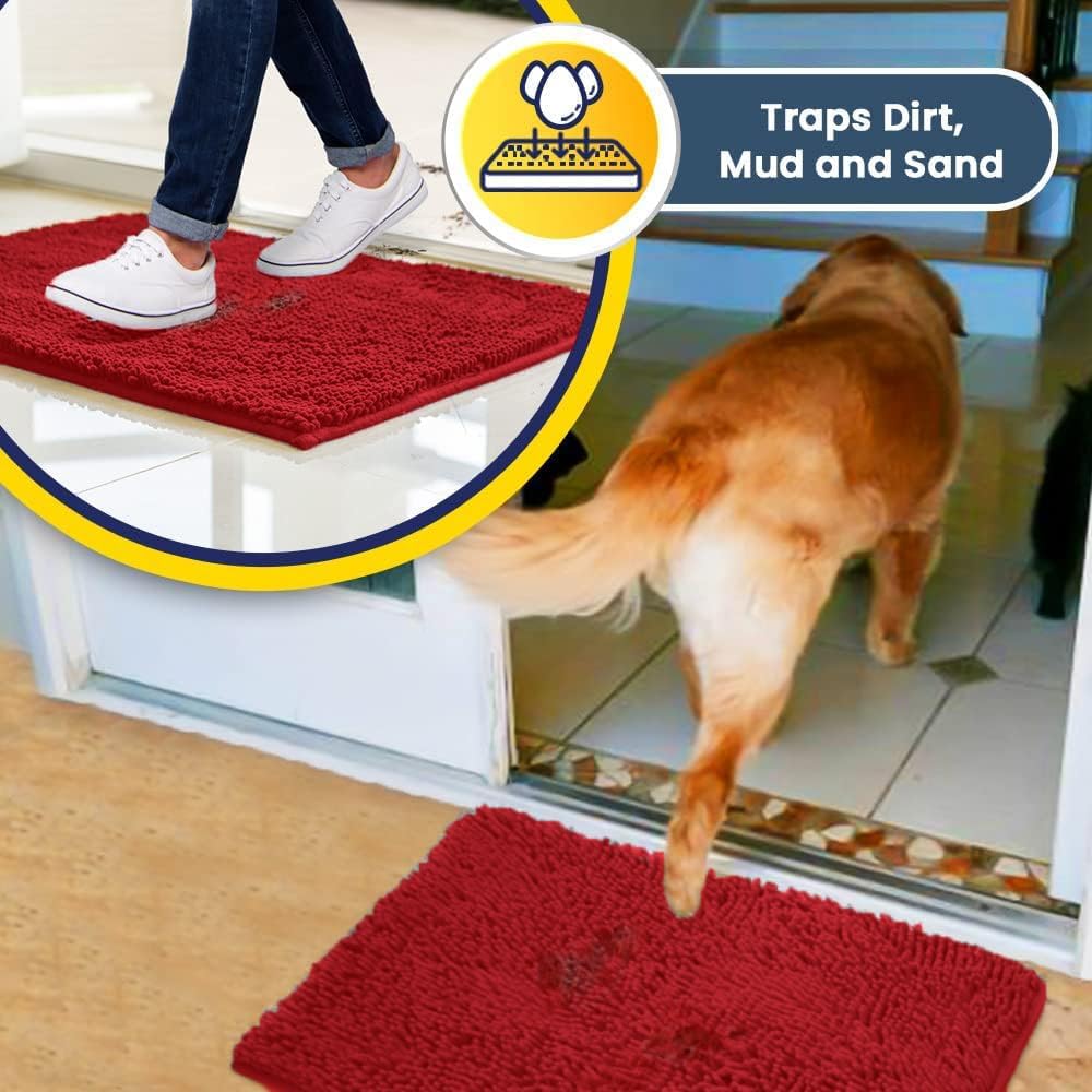 Muddy Mat® AS-SEEN-ON-TV Highly Absorbent Microfiber Door Mat and Pet Rug, Non Slip Thick Washable Area and Bath Mat Soft Chenille for Kitchen Bathroom Bedroom Indoor and Outdoor - Red 5ft x 7ft