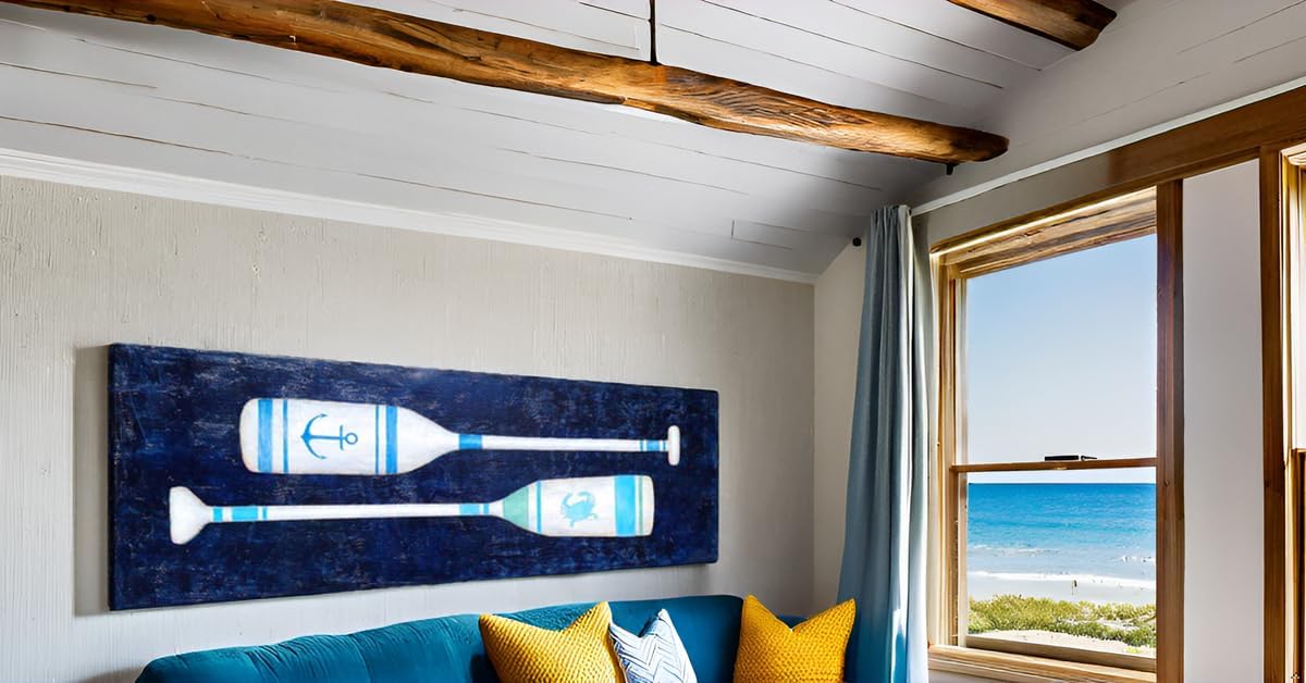 Yihui Arts Coastal Canvas Wall Art - Navy Blue and White Oar Painting for Bedroom Bathroom Decor