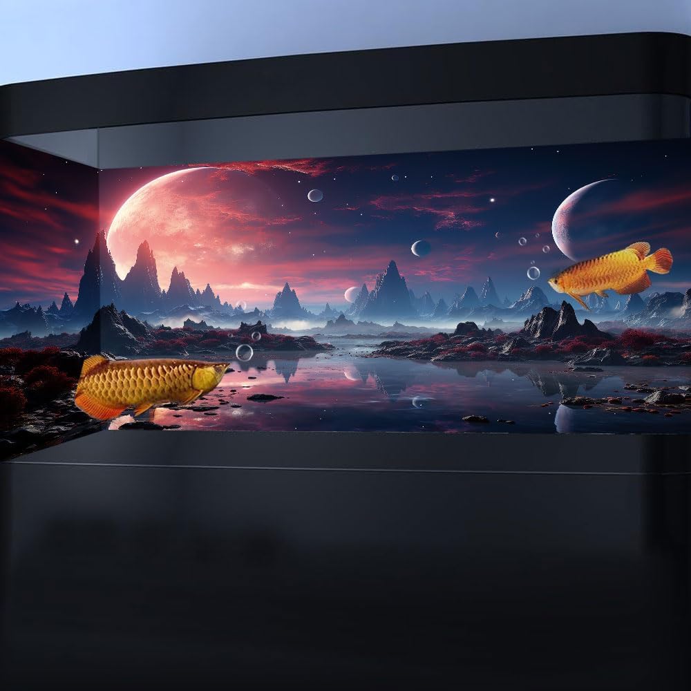 48X24IN Cosmic Spaceterrarium Background, Cool Parallel Space Themed Aquarium Reptile Habitat Background, Red Moon Aquarium Background with 10EVA Double-Sided Tape