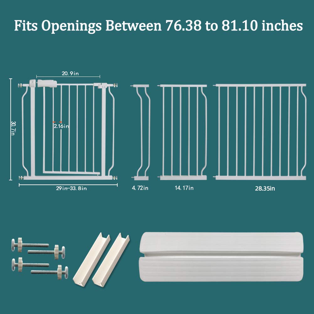 ALLAIBB Extra Wide Pressure Mounted Baby Gate Walk Through Child Kids Safety Toddler Tension White Long Large Pet Dog Gates with Extension for doorways Kitchen (76.38"-81.10"/194-206cm)