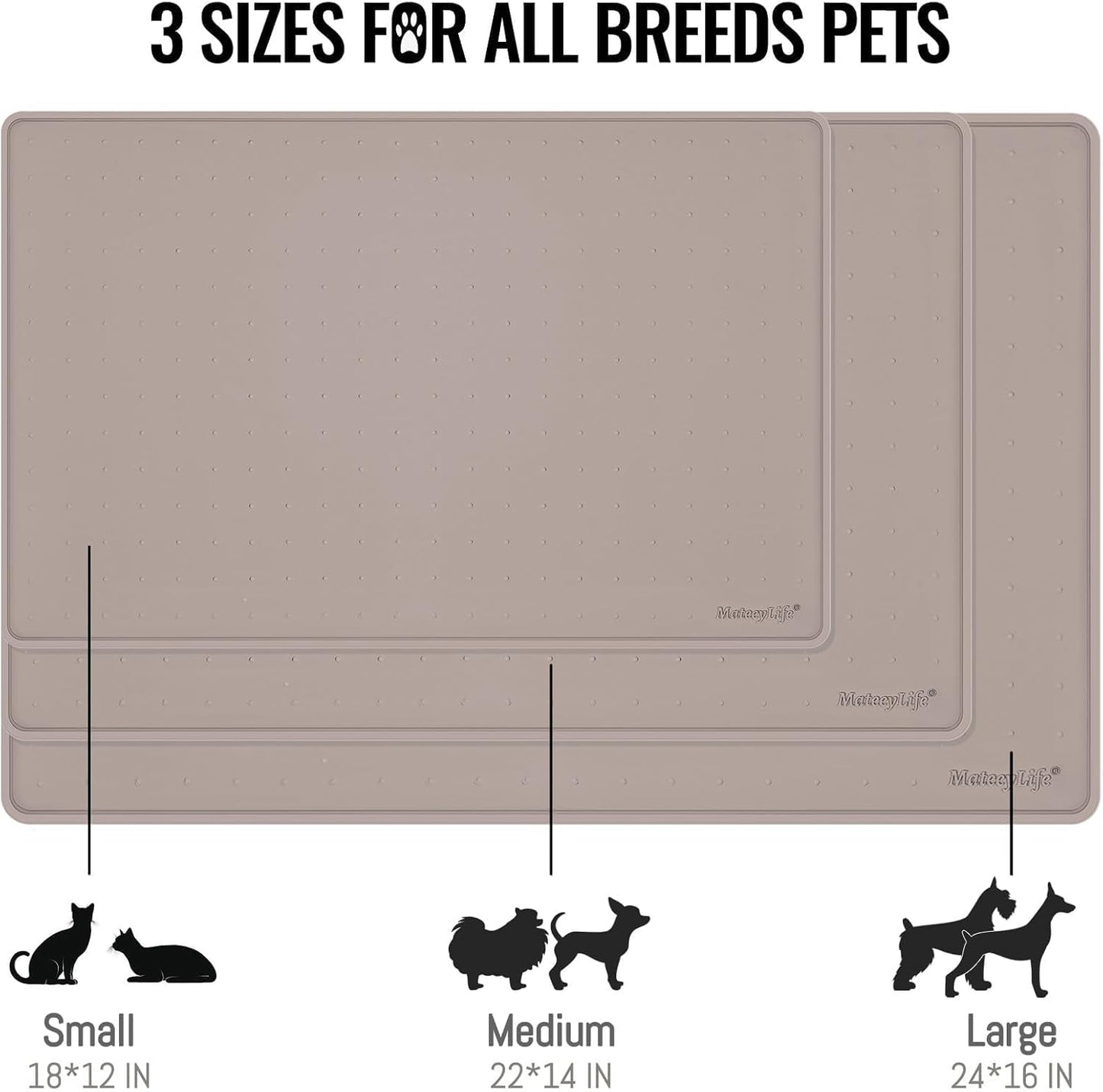 MateeyLife Dog & Cat Food Mat, Waterproof & Nonslip Silicone Feeding Mats for Dogs and Cats, Raised Edge Tray for Messy Drinkers, 22"x14", Taupe