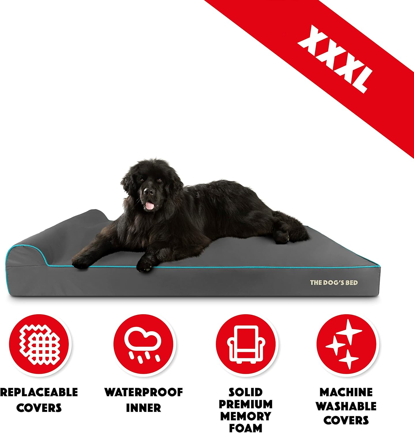 The Dog’s Bed Orthopedic Headrest Dog Bed XXXL Grey/Blue 64x44, Memory Foam, Pain Relief for Arthritis, Hip & Elbow Dysplasia, Post Surgery, Lameness, Veterinary Approved, Waterproof Washable Cover