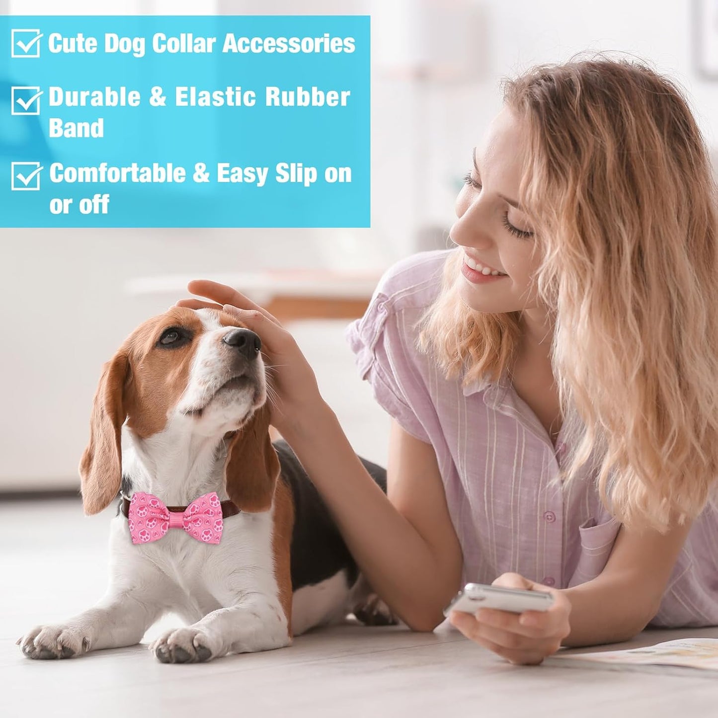 Reginary 50 Pieces Dog Bow Ties Pet Collar Bow Puppy Collar Attachment with Rubber Bands for Small Medium Cat Pet Grooming Charms Accessories Wedding Birthday Occasion(Dog Paw Style)
