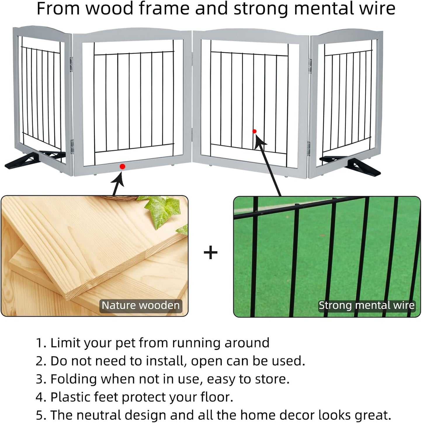 ZJSF Freestanding Dog Fence Indoor, Foldable Dog Gate for Doorways, Stairs or Hallways, Sturdy Wood Extra Wide Pet Gate with Support Feet for The House, Grey, 32 "Height-4 Panels