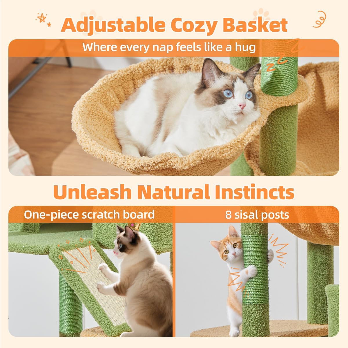 Taoqimiao Cactus Cat Tree, 71-Inch Cat Tower for Indoor Cats Large Adult, Multi-Level Large Cat Condo, 8 Sisal Scratching Posts, Metal Frame Cozy Hammock, Scratch Board, 2 Top Perches, MSC026L