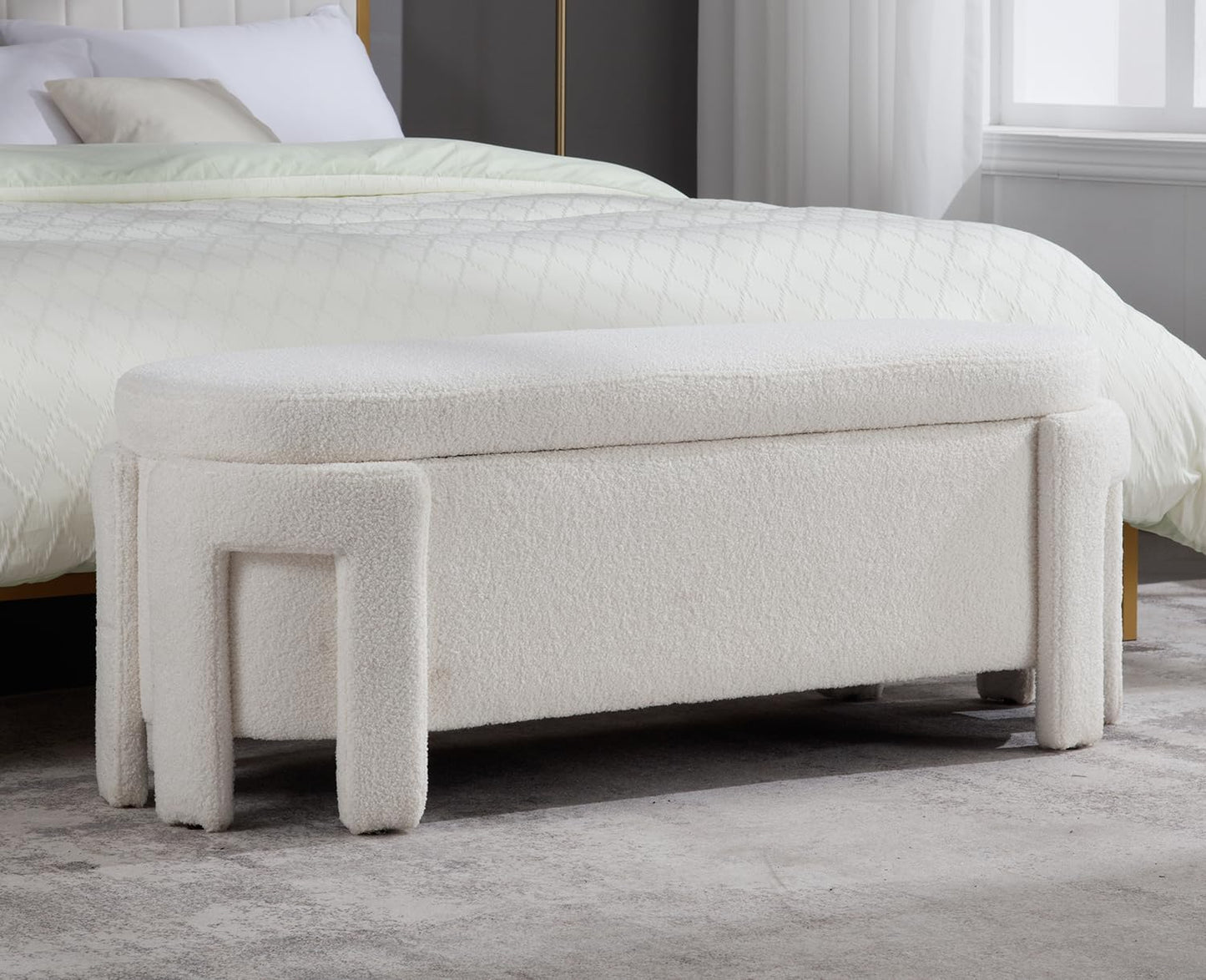 Kmax 50" Storage Ottoman Bench Modern Faux Fur Boucle Entryway Bench Comfy Upholstered End of Bed Bench for Hallway Entrance Bedroom Corner, White