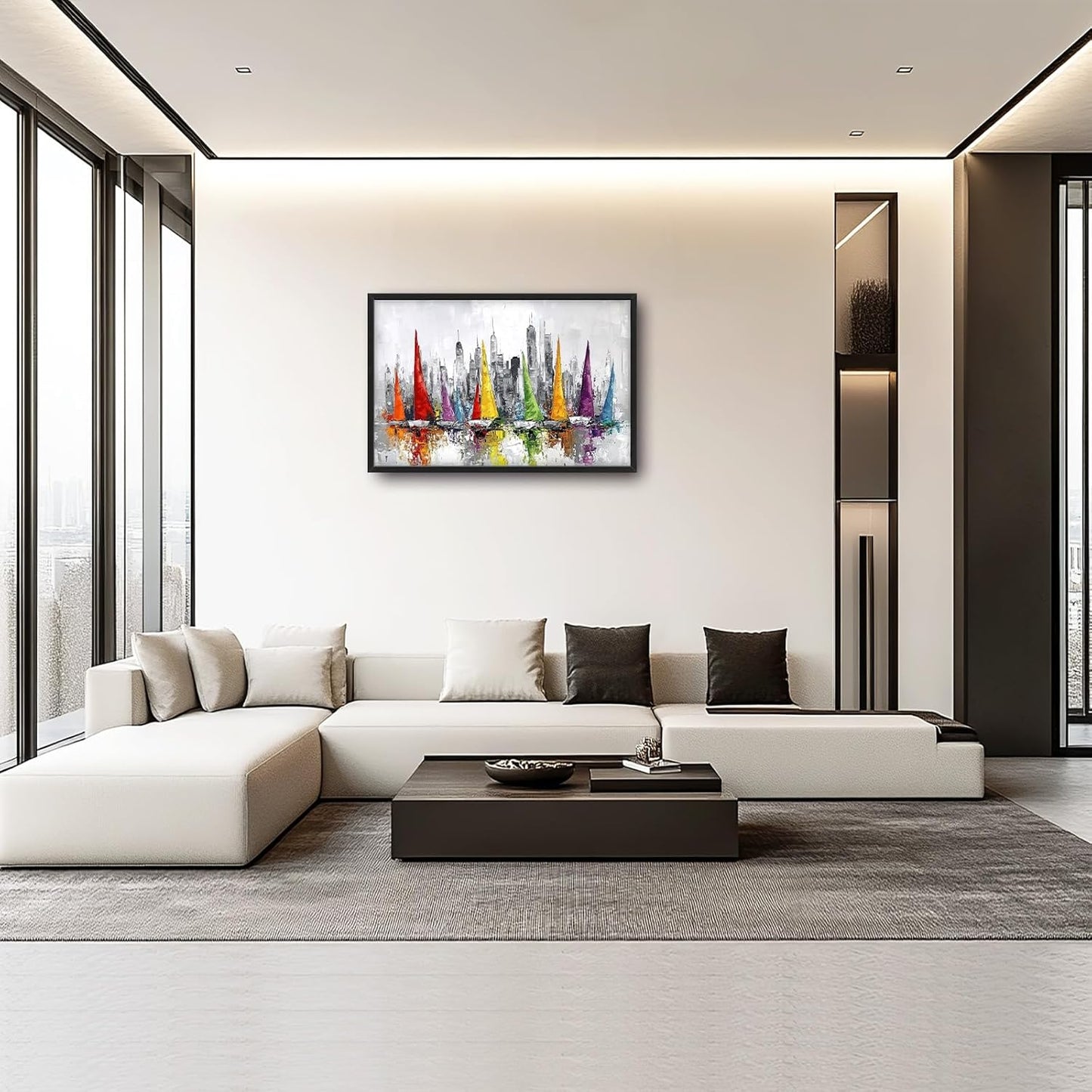 Framed Large Sailboat Wall Art for Living Room, Oversized Abstract City Wall Decor Colorful Sailboat Canvas Painting Pictures Modern Artwork for Living Room Bedroom Office Dinging Room 36"x24"