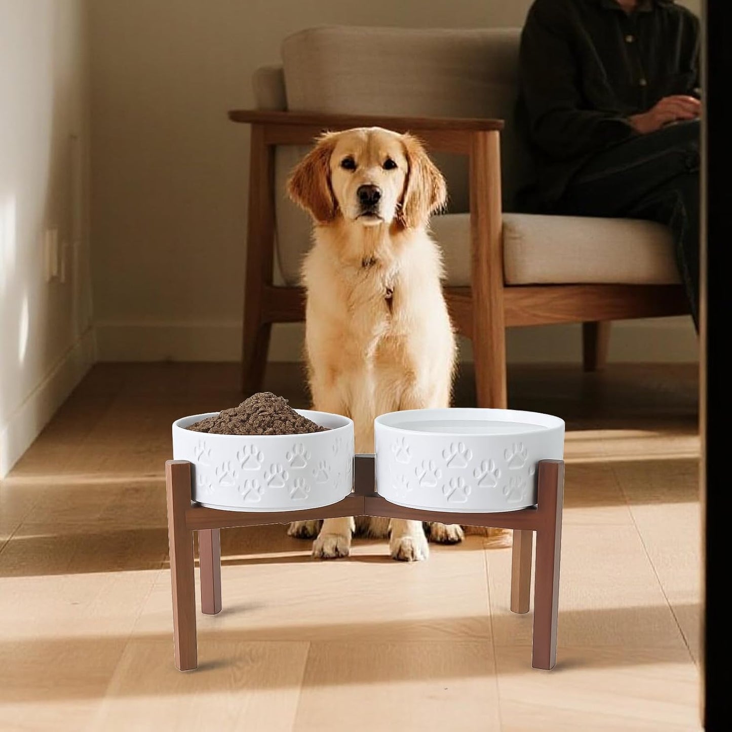 SPUNKYJUNKY Ceramic Elevated Dog Bowl Set with Acacia Wood Stand for Food and Water for Large Dogs (60.87 OZ, White, Dog Paw Pattern)