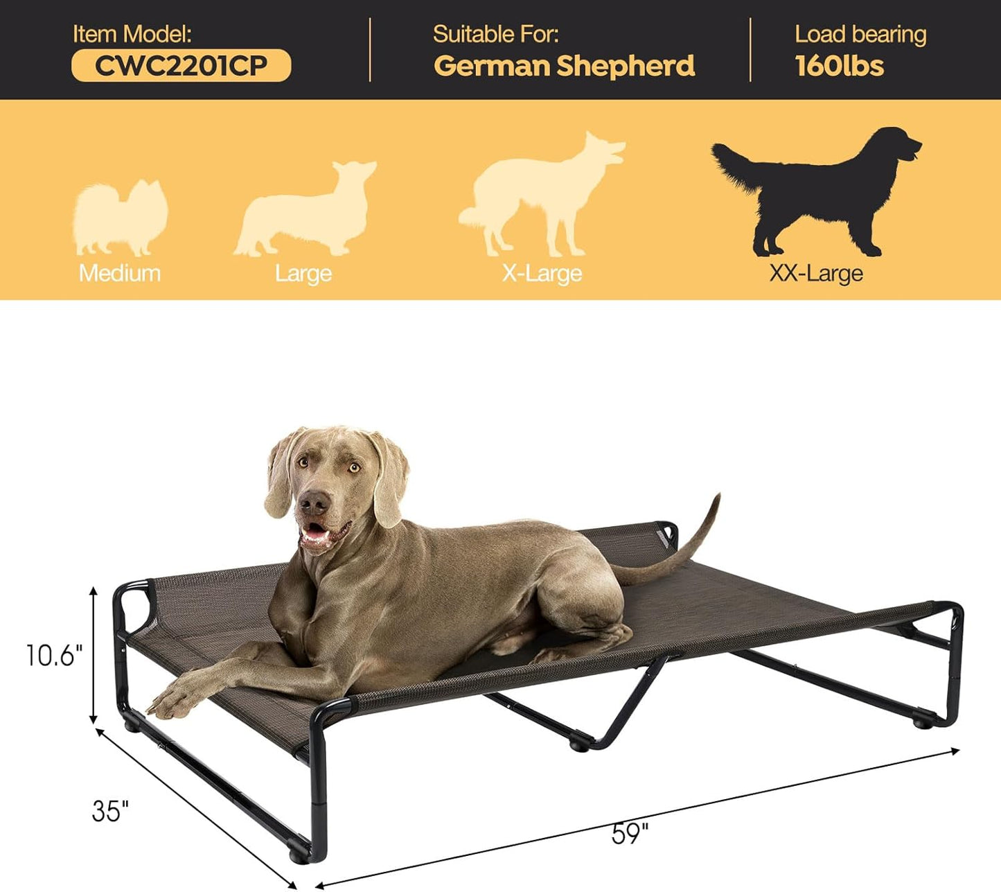 Veehoo Original Outdoor Elevated Dog Bed, Cooling Raised Dog Cot for Large Dogs, Portable Standing Pet Hammock Platform with Washable Breathable Mesh, No-Slip Feet, XX-Large, Brown, CWC2201