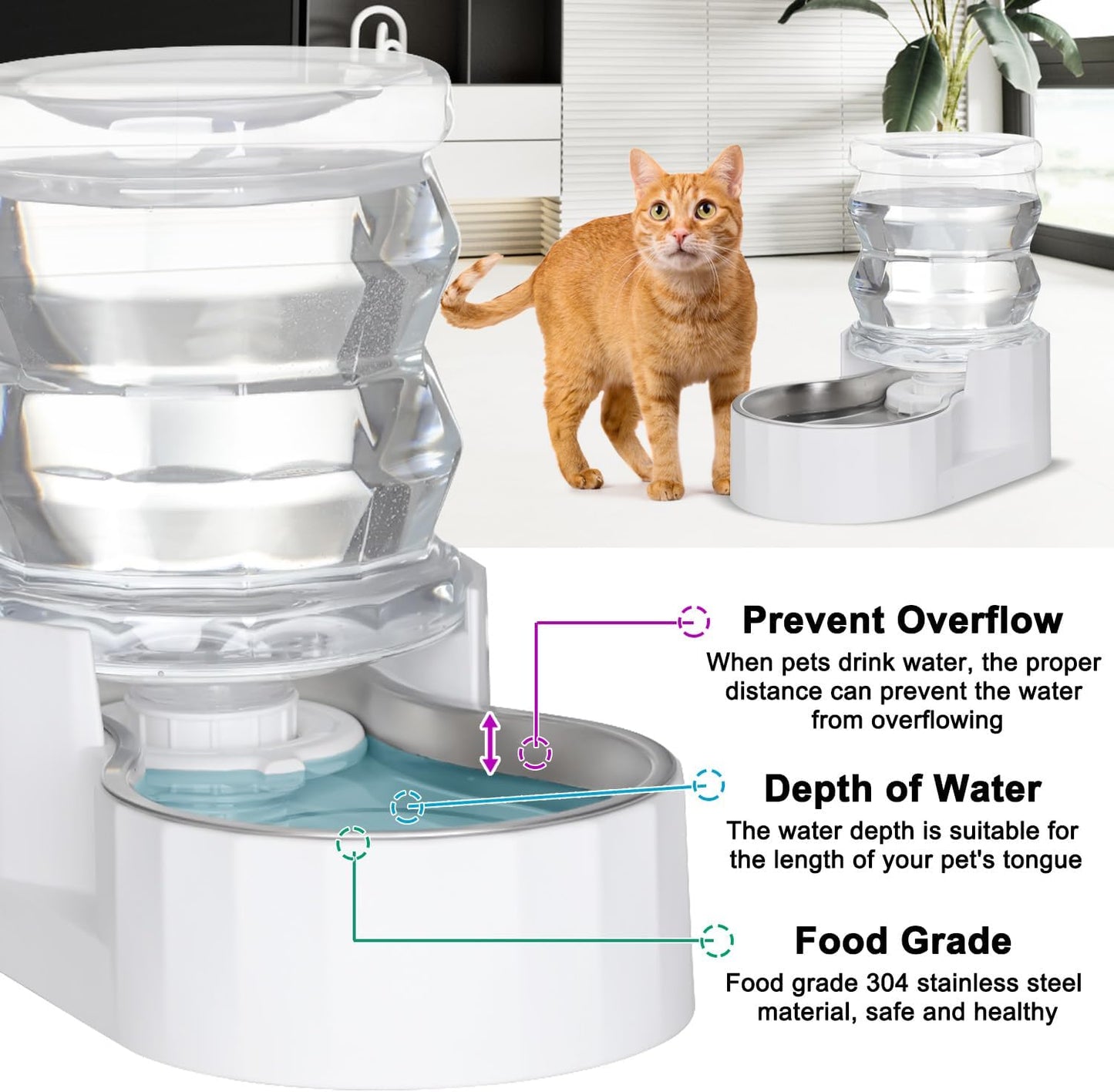 Sfozstra Automatic Gravity Dispenser for Cats: 4L White Stainless Steel Water Bowl Feeder - Great for Family Homes and Outdoor Activities