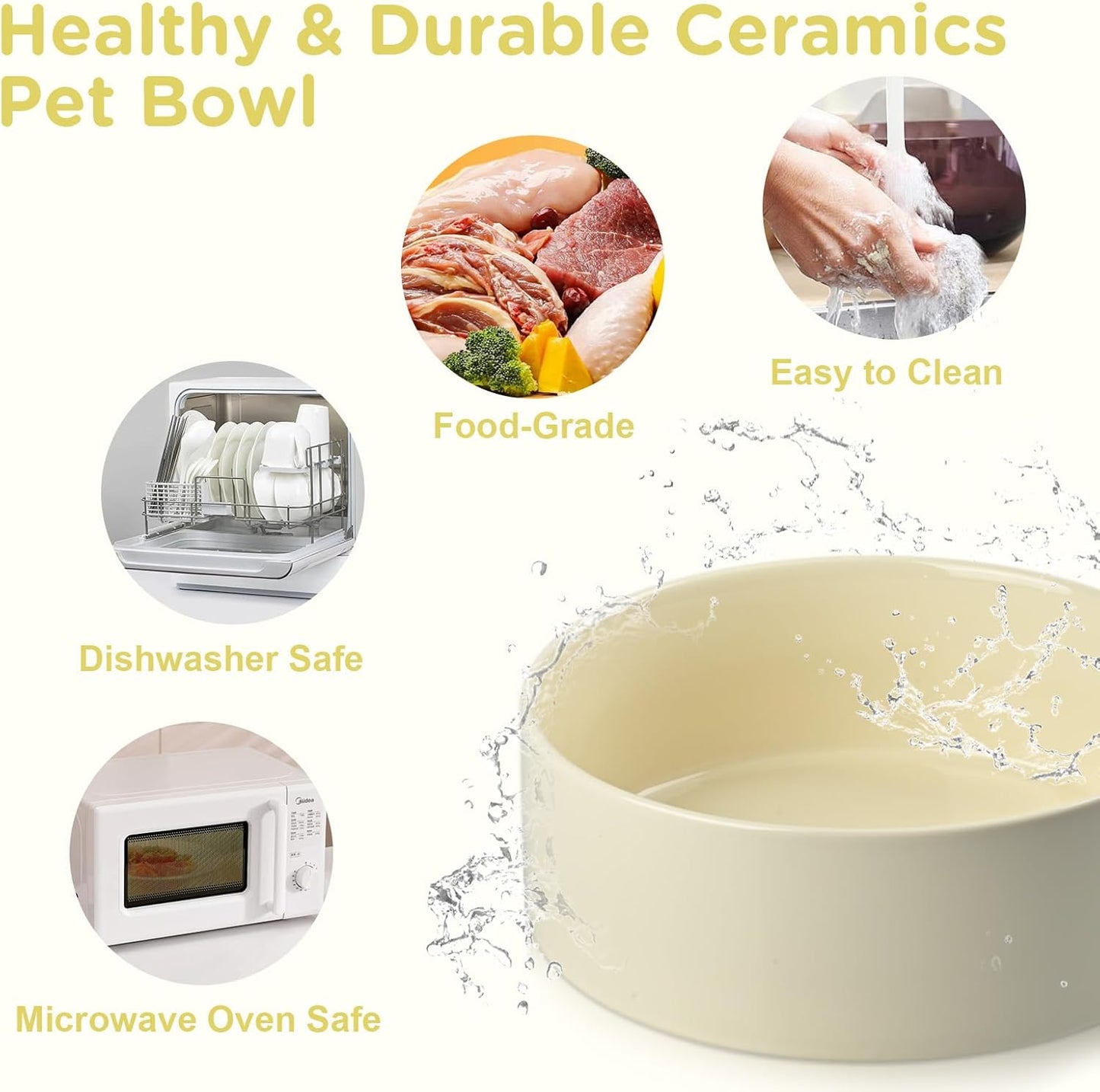 SPUNKYJUNKY Ceramic Elevated Dog Bowls with Slow Feeder Raised Acacia Bamboo Wooden Stand, 8.3'' Dog Food Water Bowls Set Non-Slip for Medium Large Sized Breed Microwave Dishwasher Safe - Beige