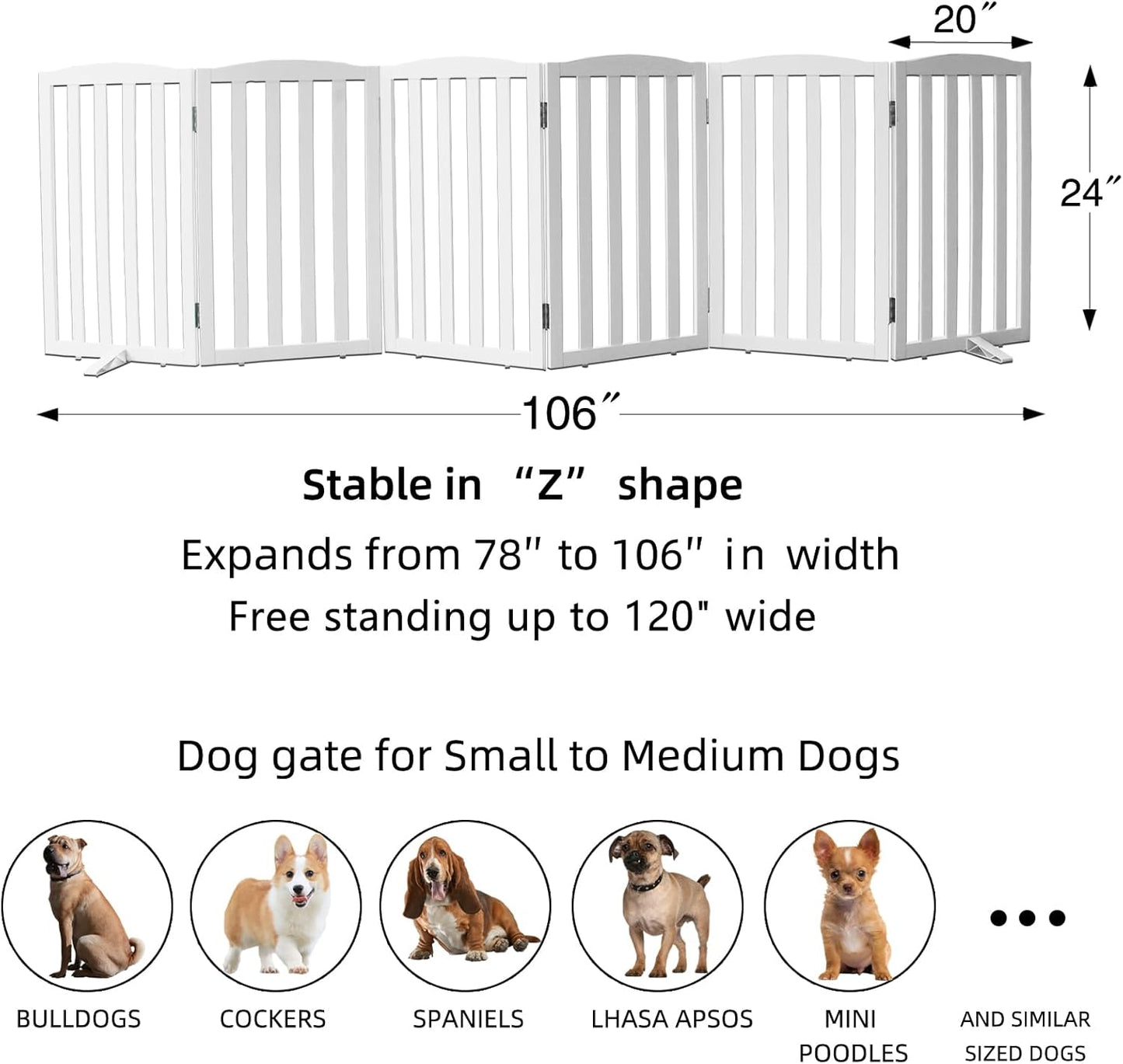 ZJSF Foldable Freestanding Indoor Dog Gate for House Wood White Long Pet Gates Dog Fence for Stairs Puppy Gates for Hallways,Pet Fence, Puppy Gate,Support Feet Included 24 "Height-6 Panels