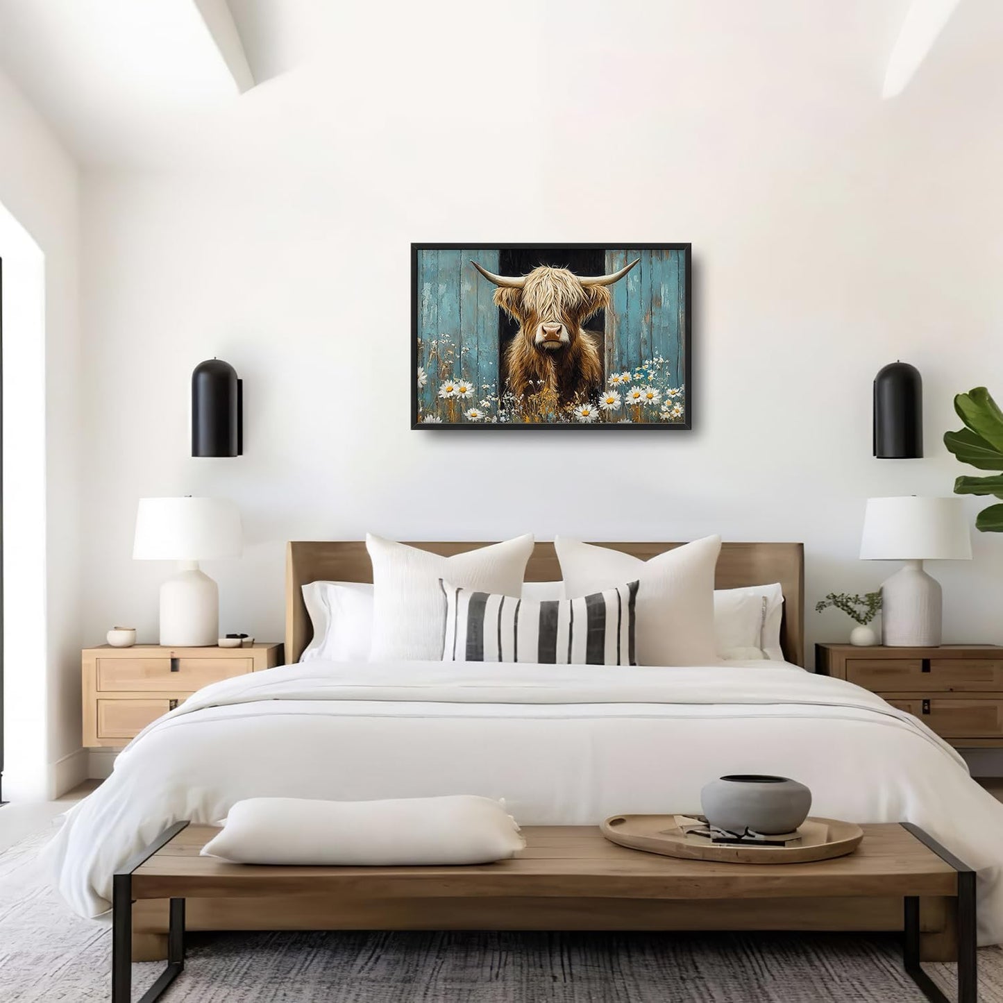 Large Farmhouse Highland Cow Country Wall Art for Living Room, Floral Canvas Oversized Wall Decor, Daisy Flower Animal Framed Pictures Painting Print Artwork for Bedroom Office 36"L x 24"W