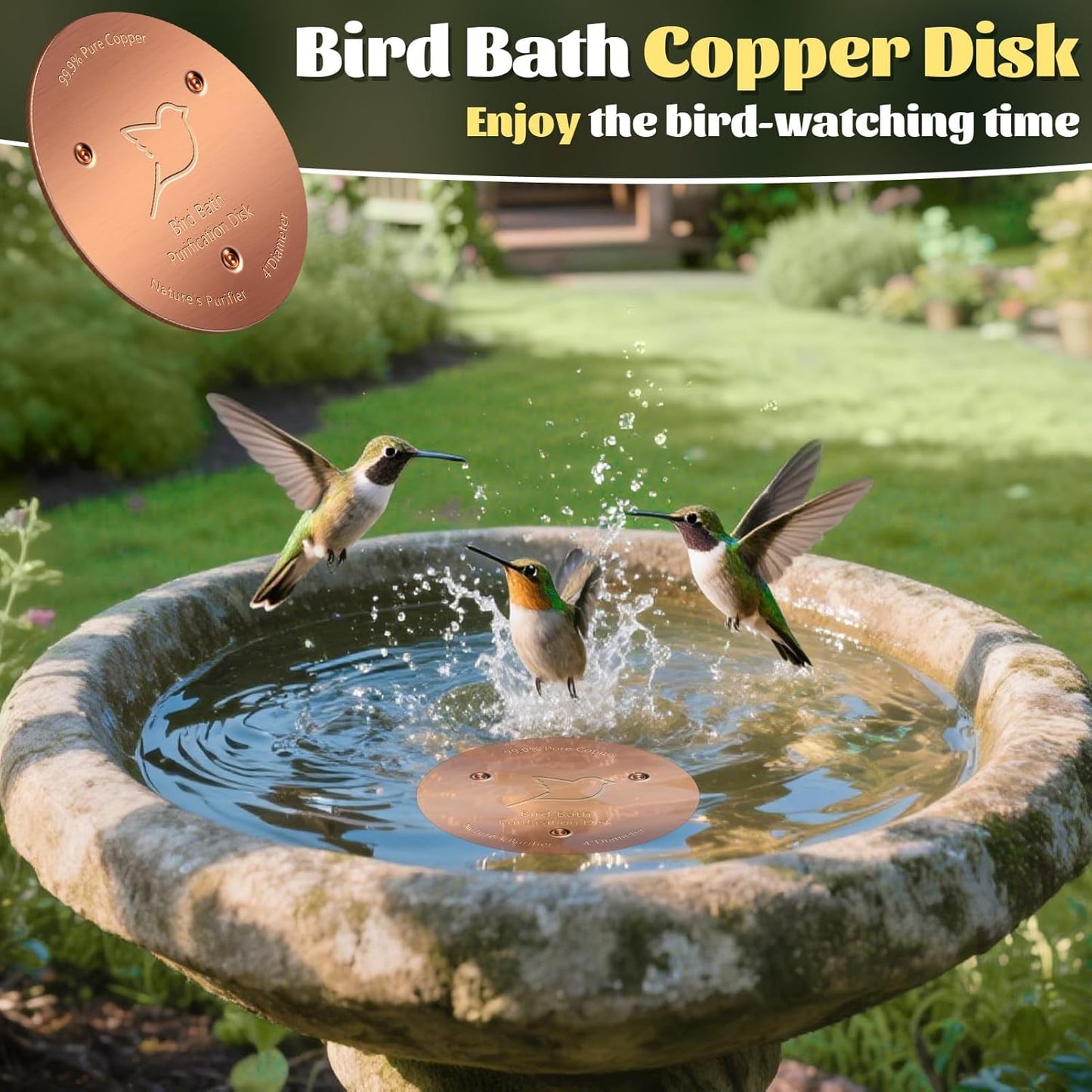 NNG 1 Pack Bird Bath Copper Disk,1mm Thick Reinforced 99.9% Pure Copper Bird Bath Purification Disk with Triple-Point Support,Physical Safe Water Cleaner for Outdoor Birdbaths Bowls,All-Season Use