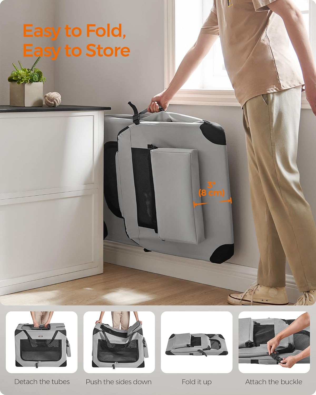 Feandrea 36 Inches Collapsible Soft Dog Crate, Portable Travel Dog Crate for Indoor and Outdoor Use, Dog Carrier Kennel with Safety Zippers, for Living Room, Car, Travelling, Smoke Gray UPDC090G02