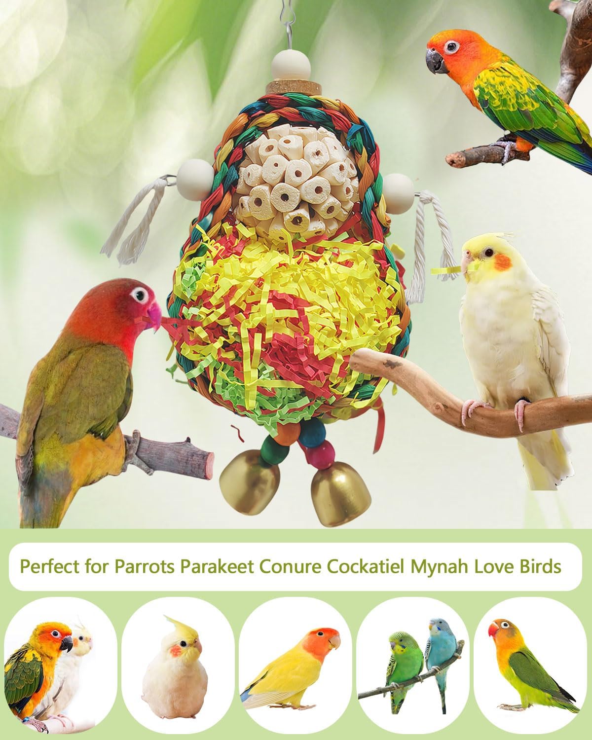 Bird Hoop Swing and Parakeet Toys,Natural Sola Balls and Shredding Hanging Toy,Birds Rope Swing,Suitable Small and Medium-Sized Parrots Toys,Birds Toy for Cockatiels,Conures,Lovebird