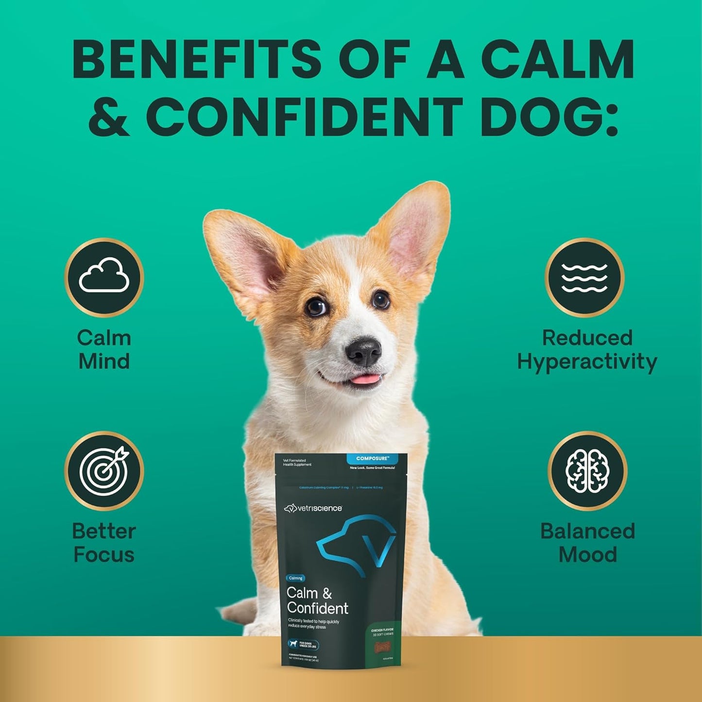 VETRISCIENCE Composure Calming Treats for Small Dogs and Puppies Anxiety, Separation Stress, Thunder and Barking - Yummy Chews Pets Love, 30 Chews