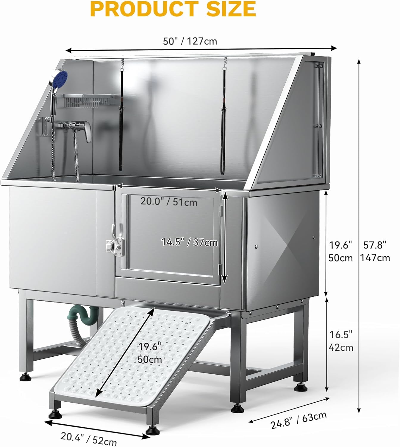 DWVO Professional Pet Dog Bathing Station for Grooming, 50'' Dog Grooming Bathtub with Right Ramp, Floor Grate, Faucet, Showerhead & Soap Holder for Large, Medium & Small Pets