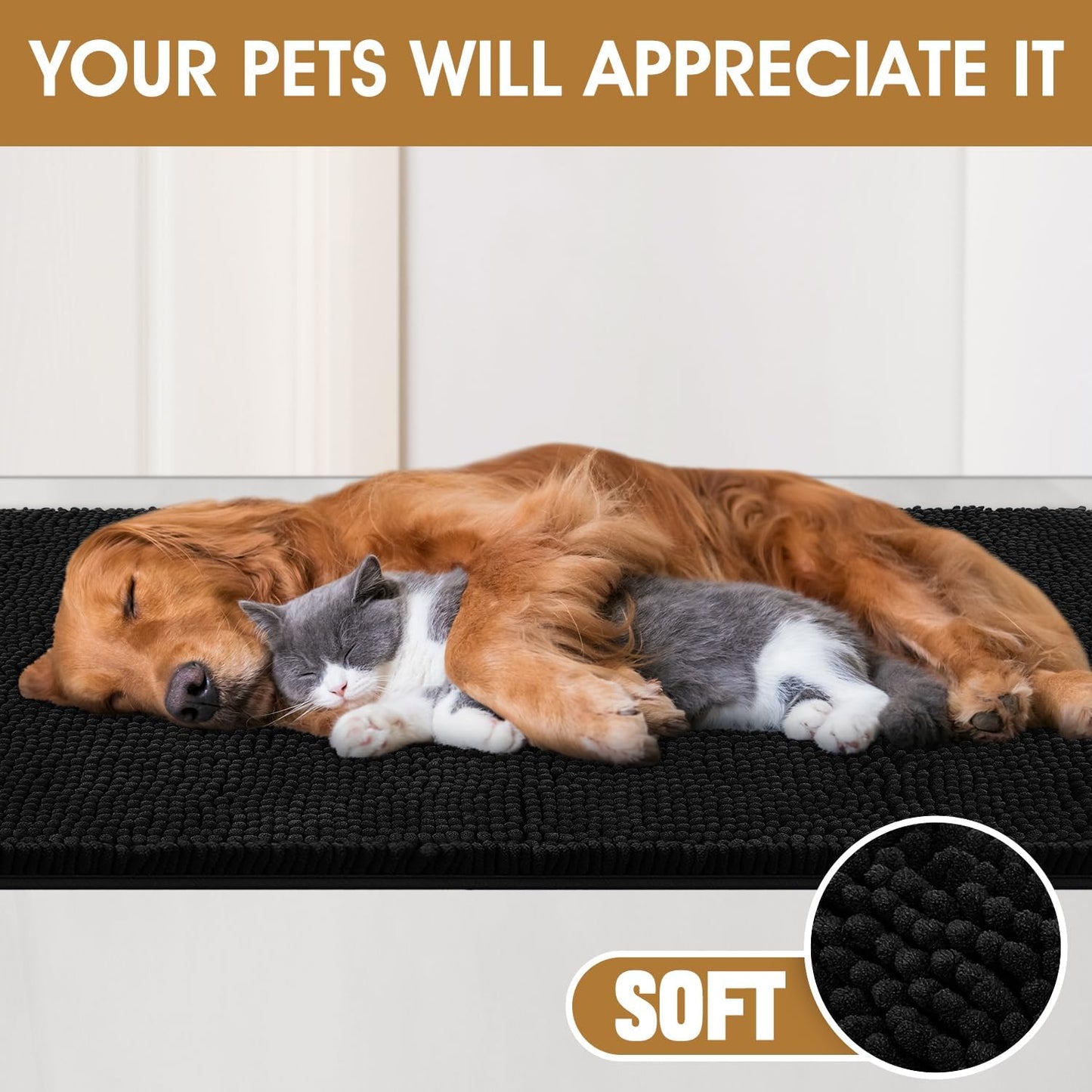 Dog Door Mats for Muddy Paws, Chenille Absorbent Door Mats, Non Slip Heavy Mud Mat for Dogs, Soft Indoor Door Mat for Entryway, Mud Paws, Inside Floor,36" X 24", Black