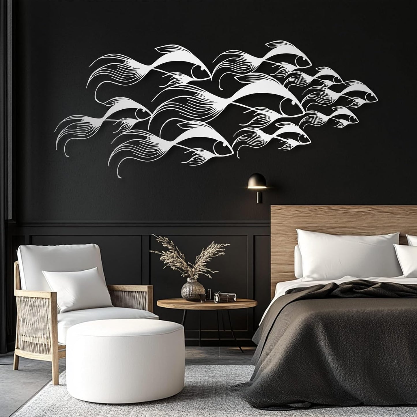 School of Fish Metal Wall Art, Metal Fish Wall Decor, Sea Life Wall Art, Large Nautical Wall Hanging, Modern Beach House Wall Decor, Ocean Themed Artwork for Bathroom (Gold, 59"x25" | 150x64cm)