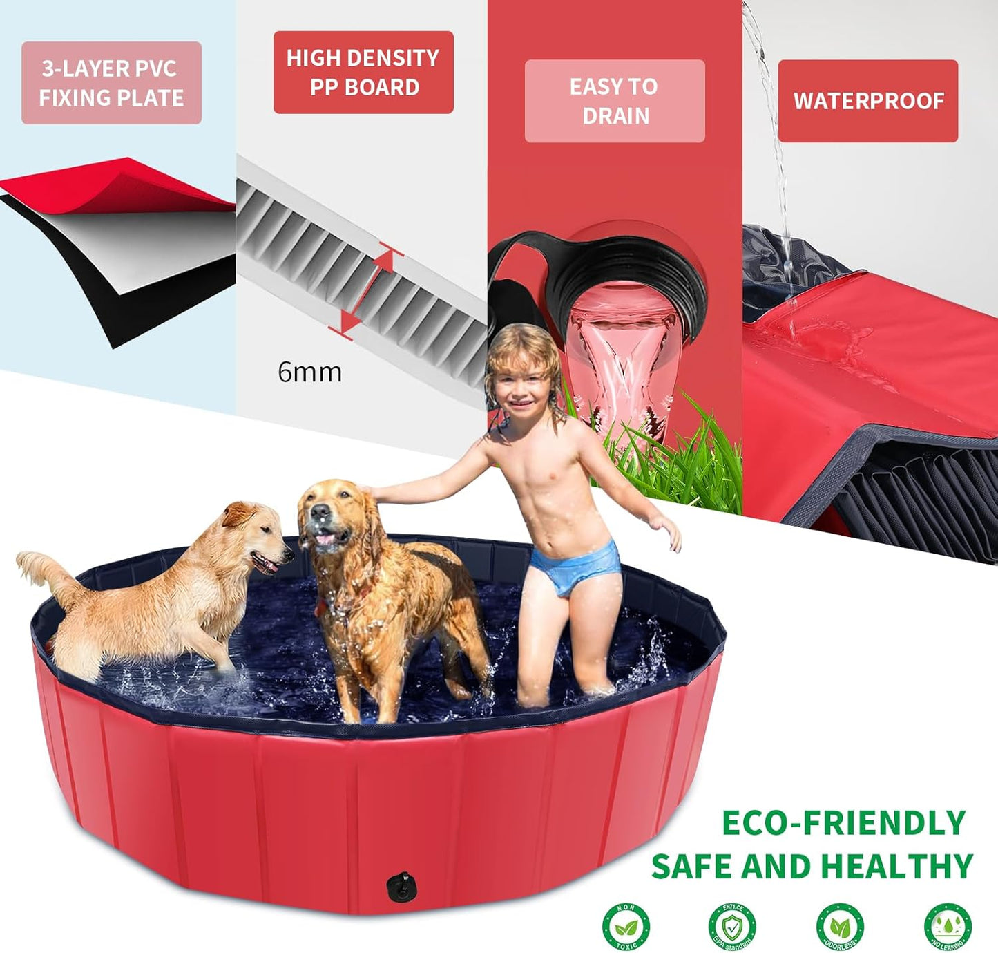 Foldable Dog Pool, 39" x 12" Kiddie Pool with Hard Plastic, Non-Slip Dog Bath Tub for Outdoor Backyard, Collapsible Dog Swimming Pool for Kids Dogs Pets (Red)