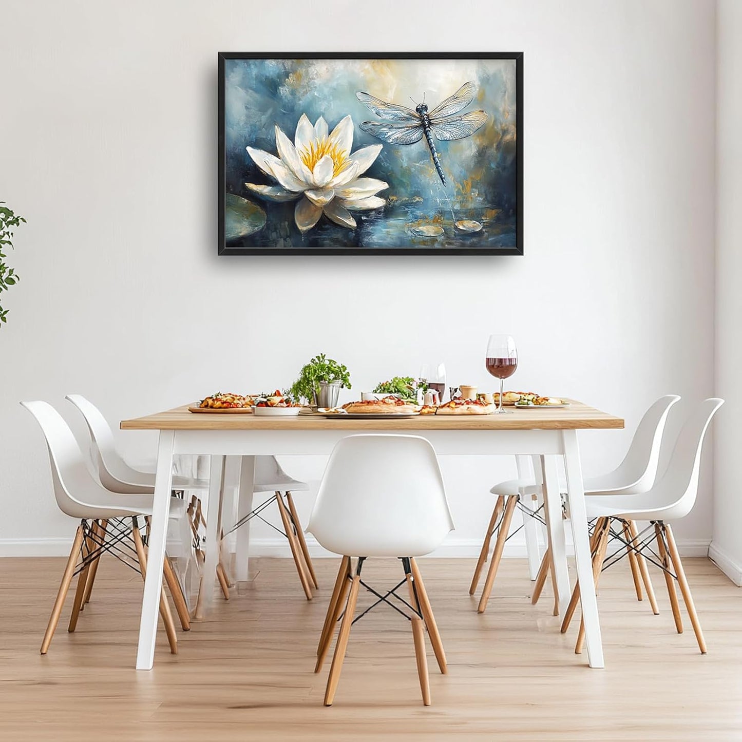 Extra Large Lotus Dragonfly Framed Wall Art for Living Room,Abstract Blue Lotus Flower Lake Pictures Wall Decor,Nature Canvas Print Painting Modern Artwork Bedroom Office Bathroom 36L" x 24W"