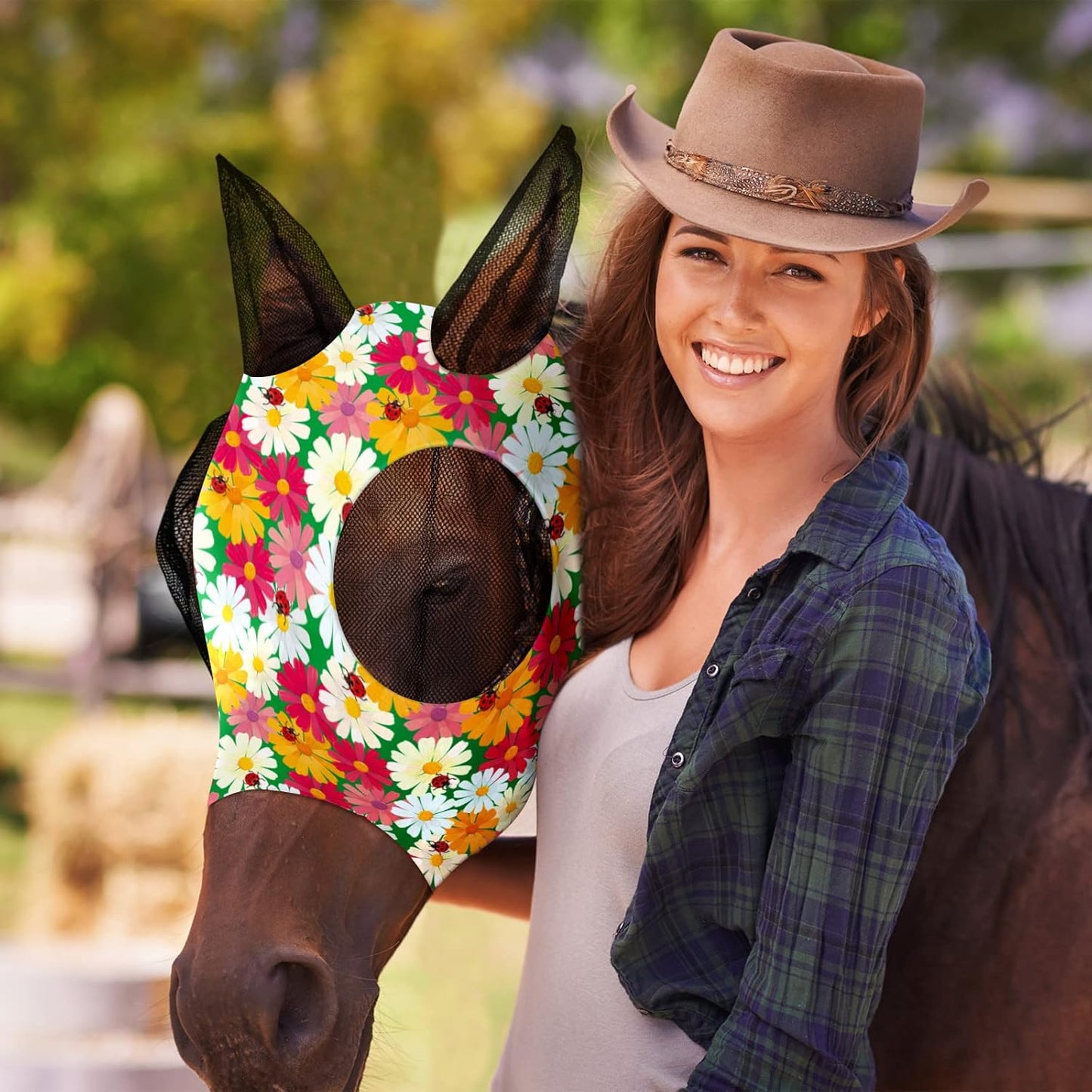 Qualirey12 Pieces Horse Fly Mask Bulk Comfortable Elasticity Mask for Horses with Ears Net UV Protection Breathable Horse Supplies Face Covering for Horse Pony and Foal (Flower Patterns, Medium)