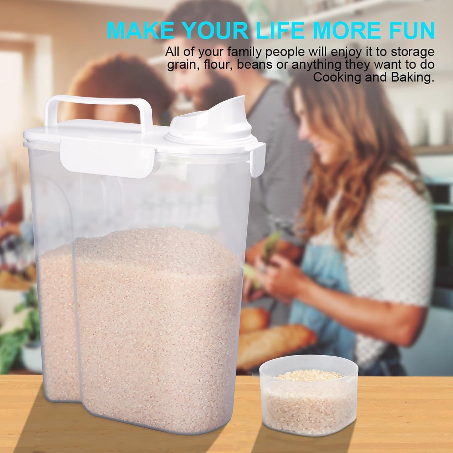 Rice Airtight Dry Food Storage Containers 10Lbs, BPA Free Plastic Storage Bin Dispenser with Pourable Spout, Portable Handle, Kitchen Pantry Organization for Cereal, Flour and Baking Supplies