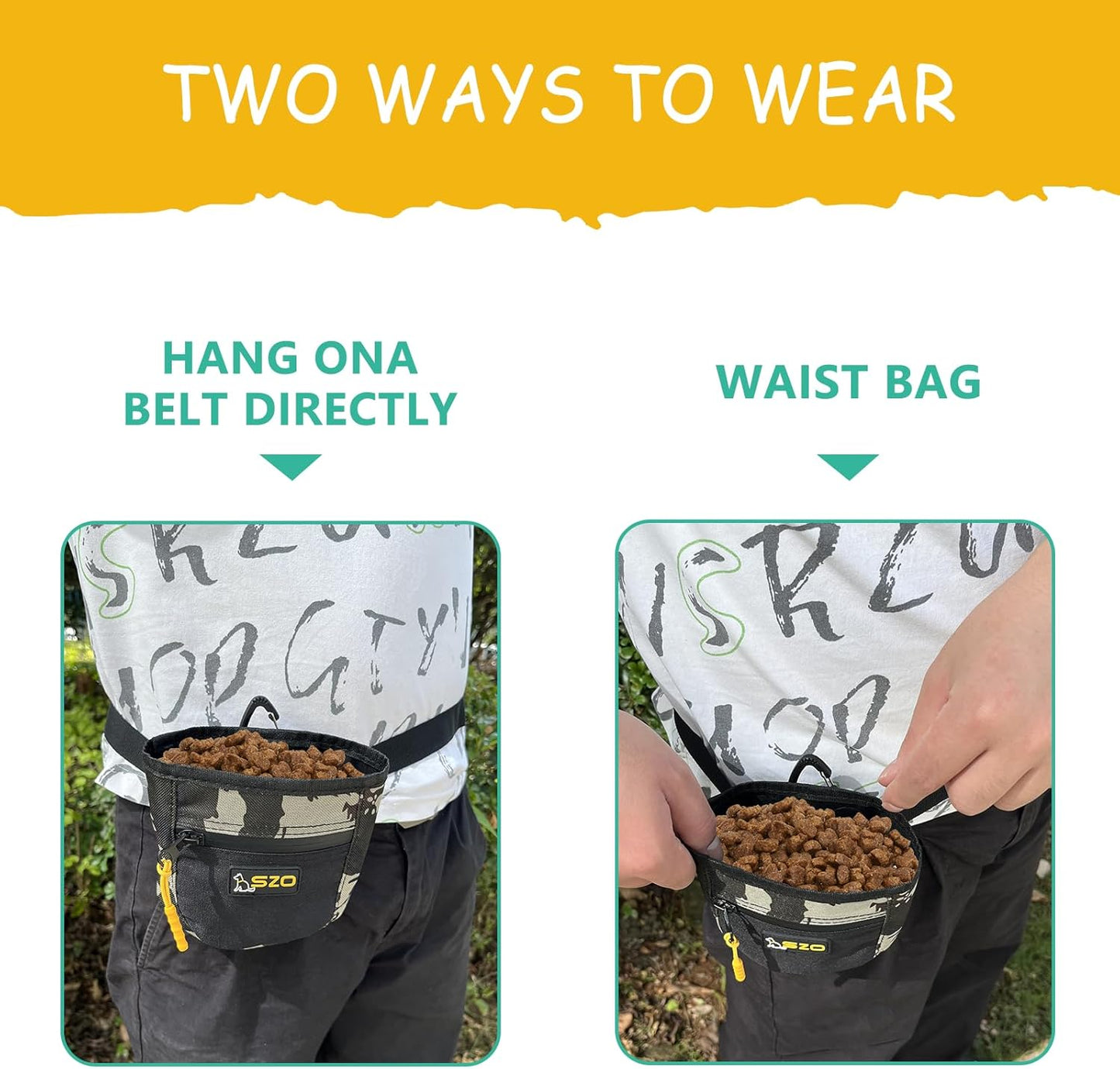 SZO Dog Treat Pouch with Pet Training Clicker, Dog Training Treat Pouch with Waist Belt Clip, Magnetic Closure, Hands-Free Training - Camo