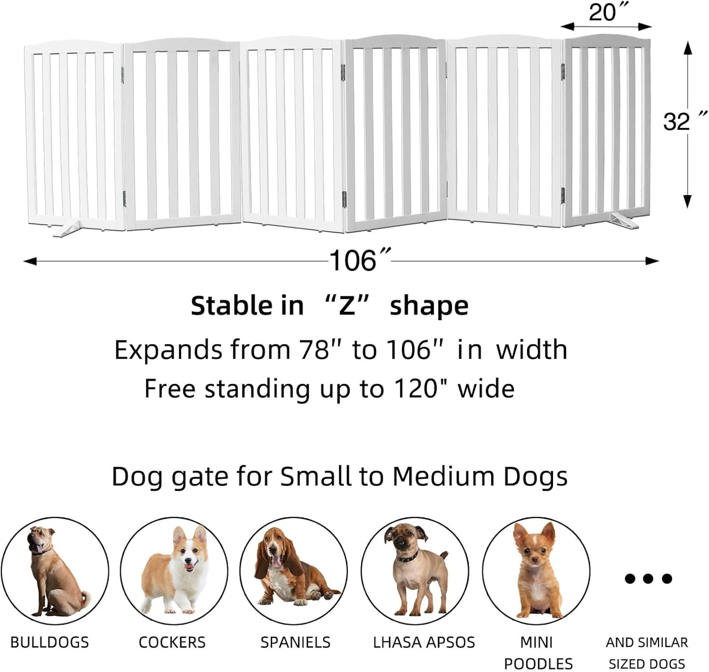 ZJSF Foldable Freestanding Indoor Dog Gate for House Wood White Long Pet Gates Dog Fence for Stairs Puppy Gates for Hallways,Pet Fence, Puppy Gate,Support Feet Included 32 "Height-6 Panels