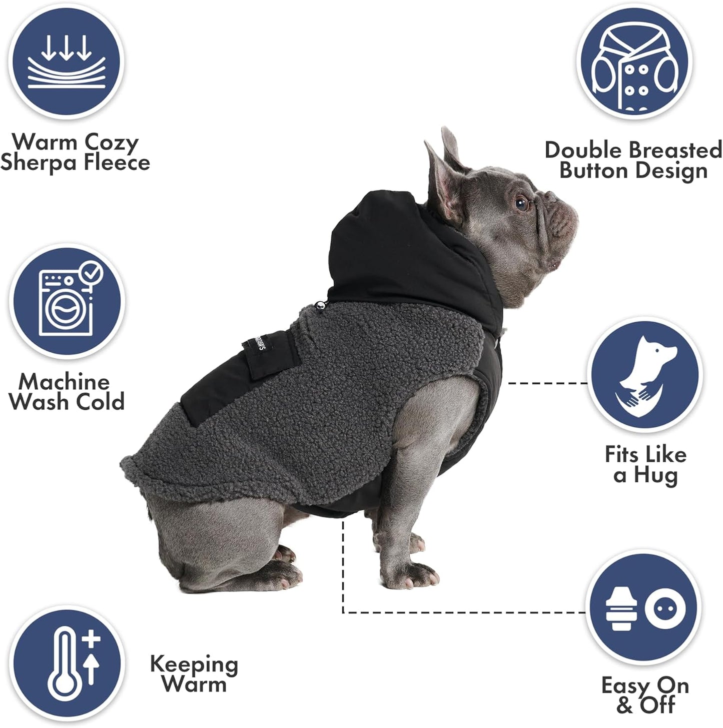 Spark Paws Reversible Dog Sweater, Sherpa Jacket Vest with Warm Fleece Lining, Warm Coat for Winter, Suitable for Small Medium, Large, XL XXL Dogs - Black and Grey - M