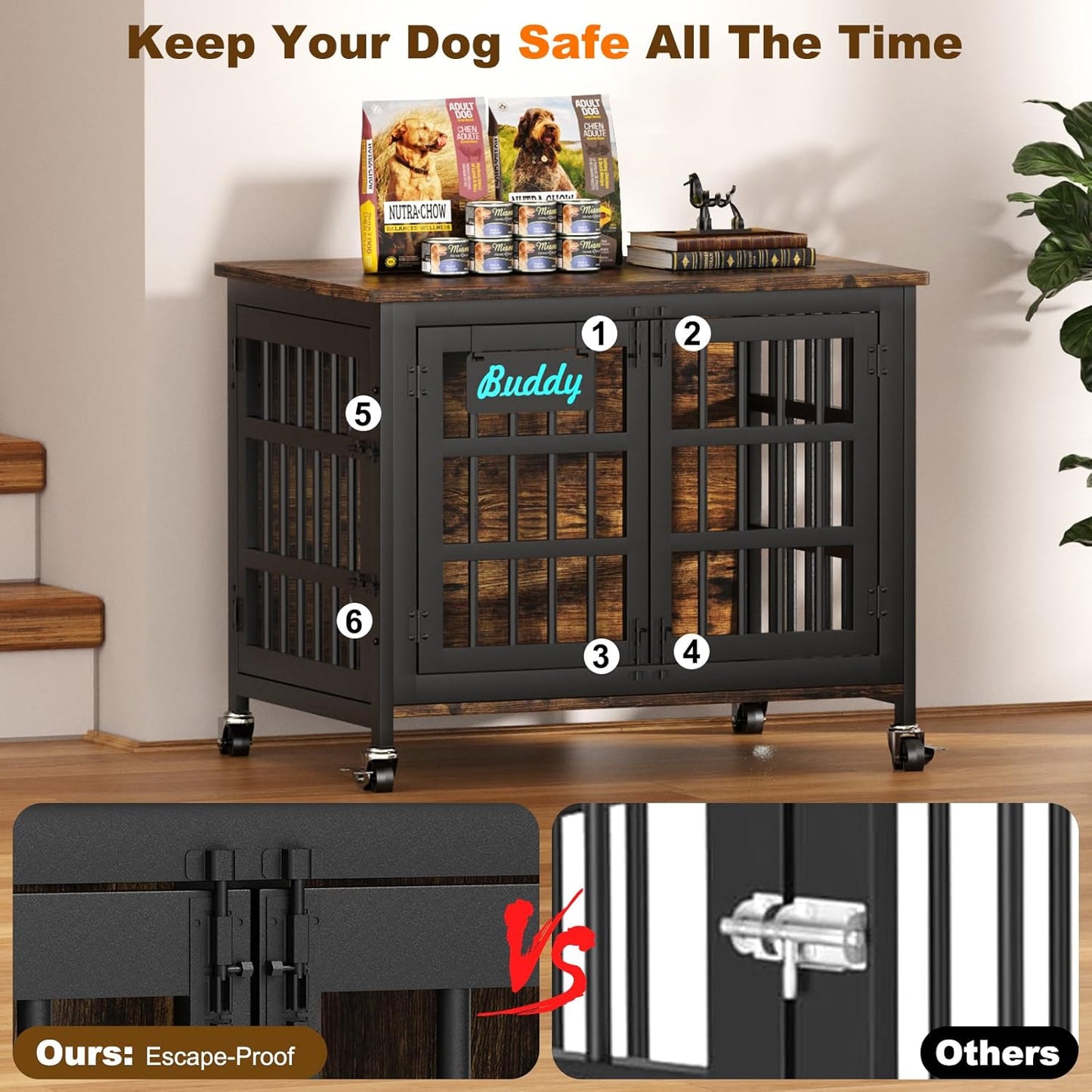 EasyCom 33"/27" Dog Crate Furniture with Name Tag, Heavy Duty Dog Kennel Indoor for Medium and Small Dogs, Double-Doors Sturdy Metal Dog Cage, Decorate House as TV Stand, End Table, Bedside Table