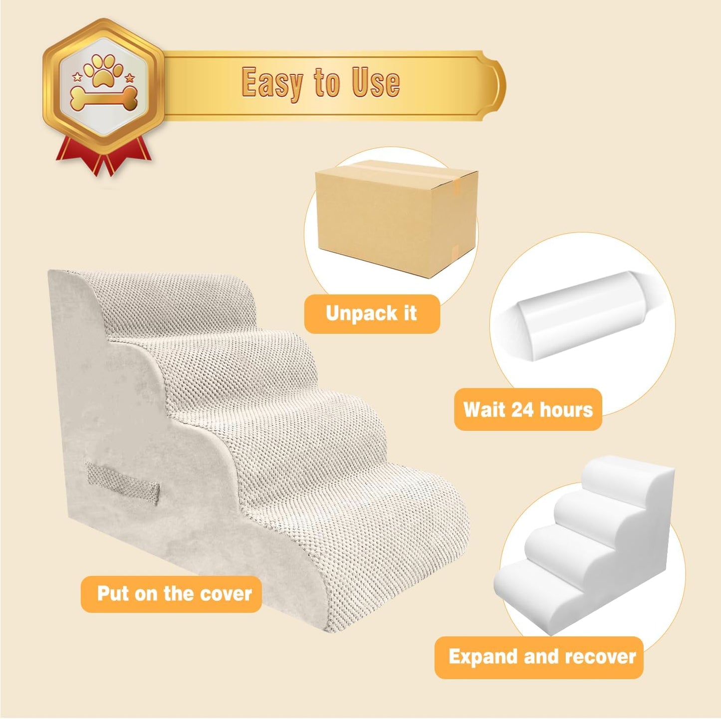 PAWSCART Dog Stairs for Small Dogs and Cats, 4-Step Dog Steps for Bed, 19.6" H Pet Stairs for High Bed, Pet Ramp for Couch, Sofa, Non-Slip Surface Removable Washable Cover, Beige