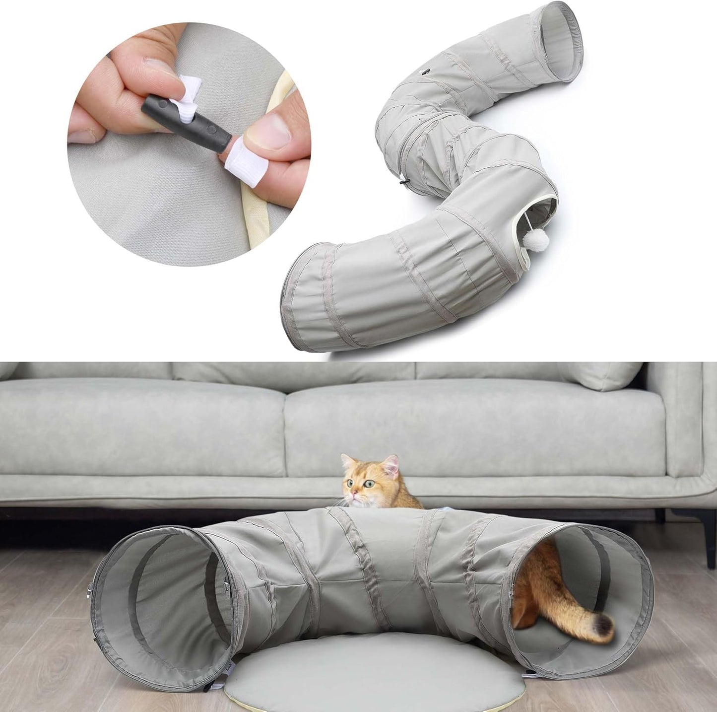 AUOON Cat Play Tunnel - Round Cat Tunnel with Bed | Interactive Cat Toys for Indoor Cats Kitten Kitty Puppy Rabbit Ferret (Light Grey)