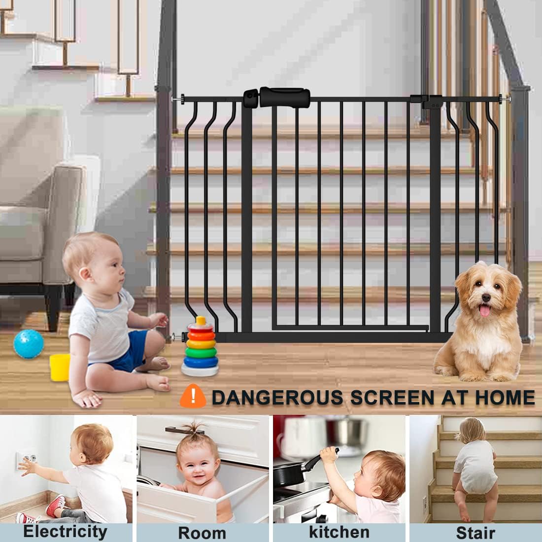 Walk Through Black Baby Gate 43.5-48 Inch Wide, Pressure Mounted Safety With Door No Drill, Tension Metal for Dog Cat and Toddler