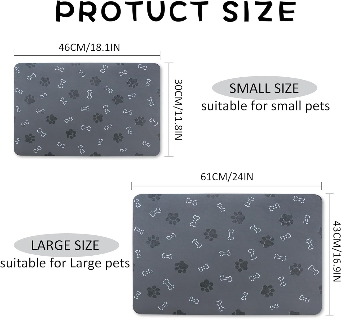 Pet Cat Dog Food Mat Non Slip Mat for Dog Water Bowl Mat Quick Dry Absorbent Cat Feeding Mat, 24 * 16.9 in, Dark Grey