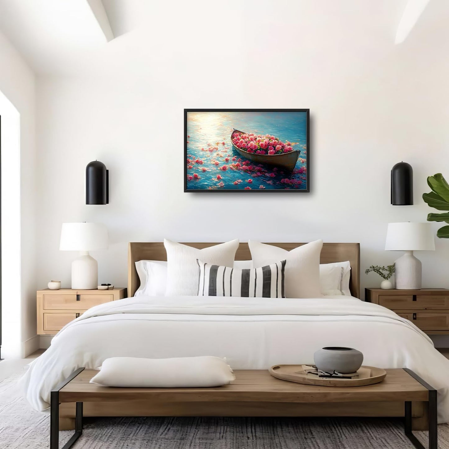 Large Lake Floral Landscape Wall Art for Living Room, Nature Boat Flower Canvas Oversized Wall Decor, Rose Scenery Framed Pictures Painting Print Artwork for Bedroom Office 36L" x 24W"