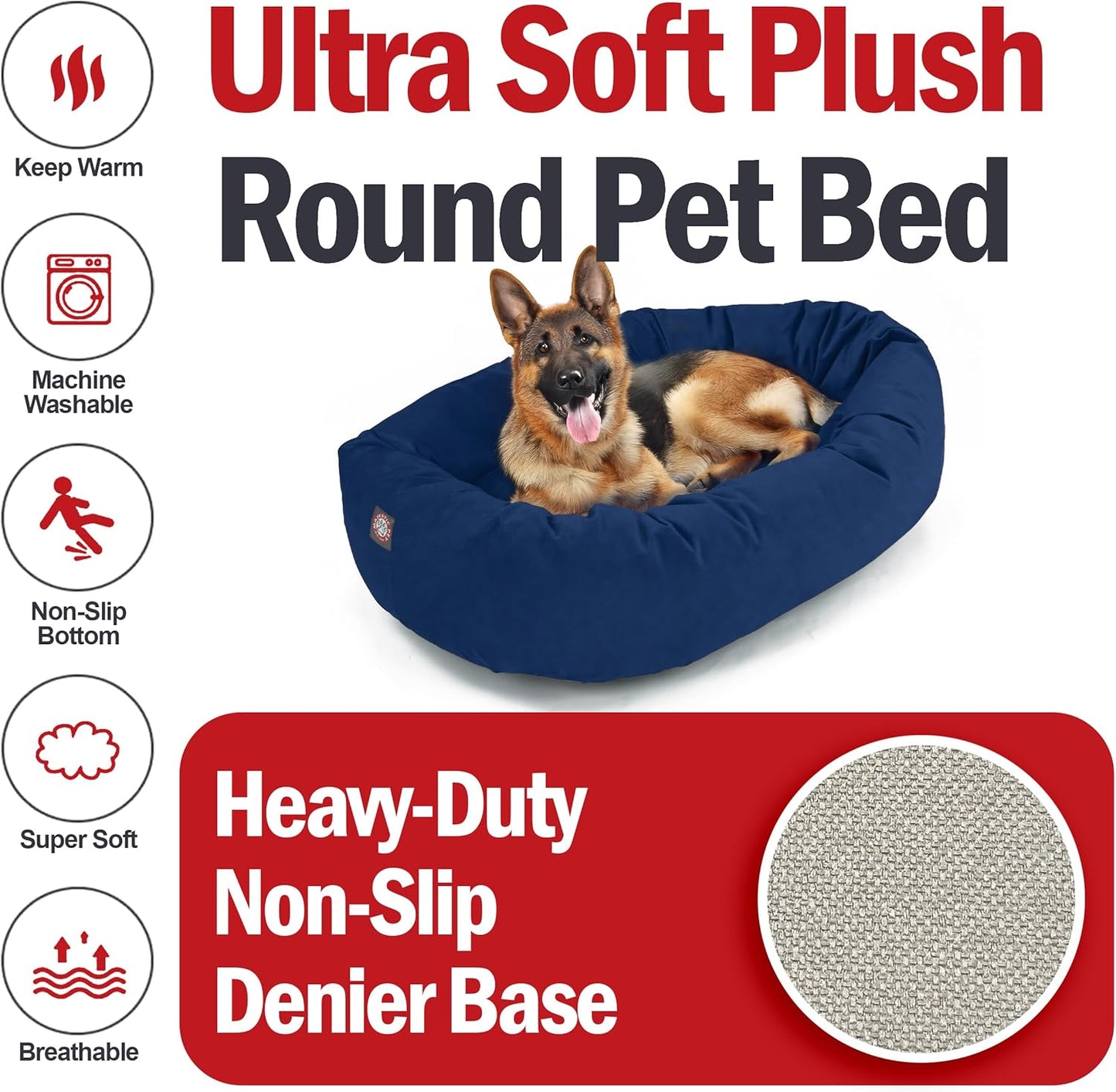 Majestic Pet 52 Inch Suede Shredded Memory Foam Mix Calming Extra Large Dog Bed Washable 52 x 35 x 11 (Inch) - Cozy Soft Round Dog Bed with Spine for Head Support - Pet Bed Navy