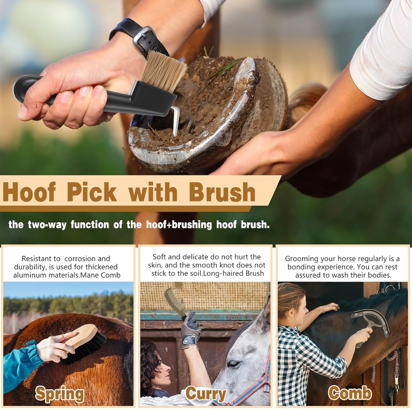 Abbylike 12 Pieces Horse Grooming Kit with Organizer Tote Bag Tack Room Supplies Horse Brush Sets Equine Care Cleaning Kit Shedding Grooming Massaging Tools(Khaki)