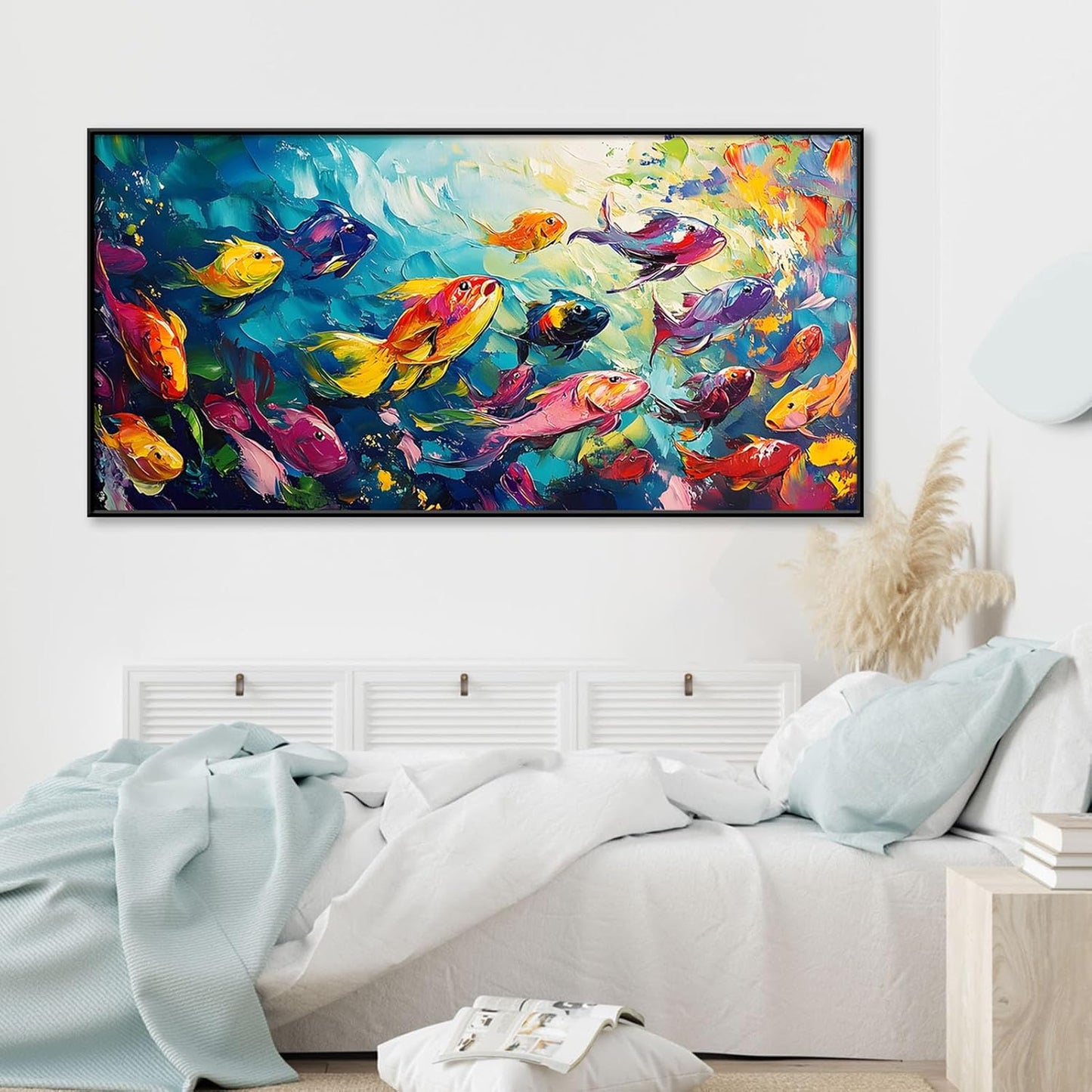 School of Fish Printed Canvas Wall Art – Framed Abstract Ocean Print – Vibrant Fish Wall Decor for Living Room, Bedroom, Office (Gold Framed, 62"x31"|160x80cm)