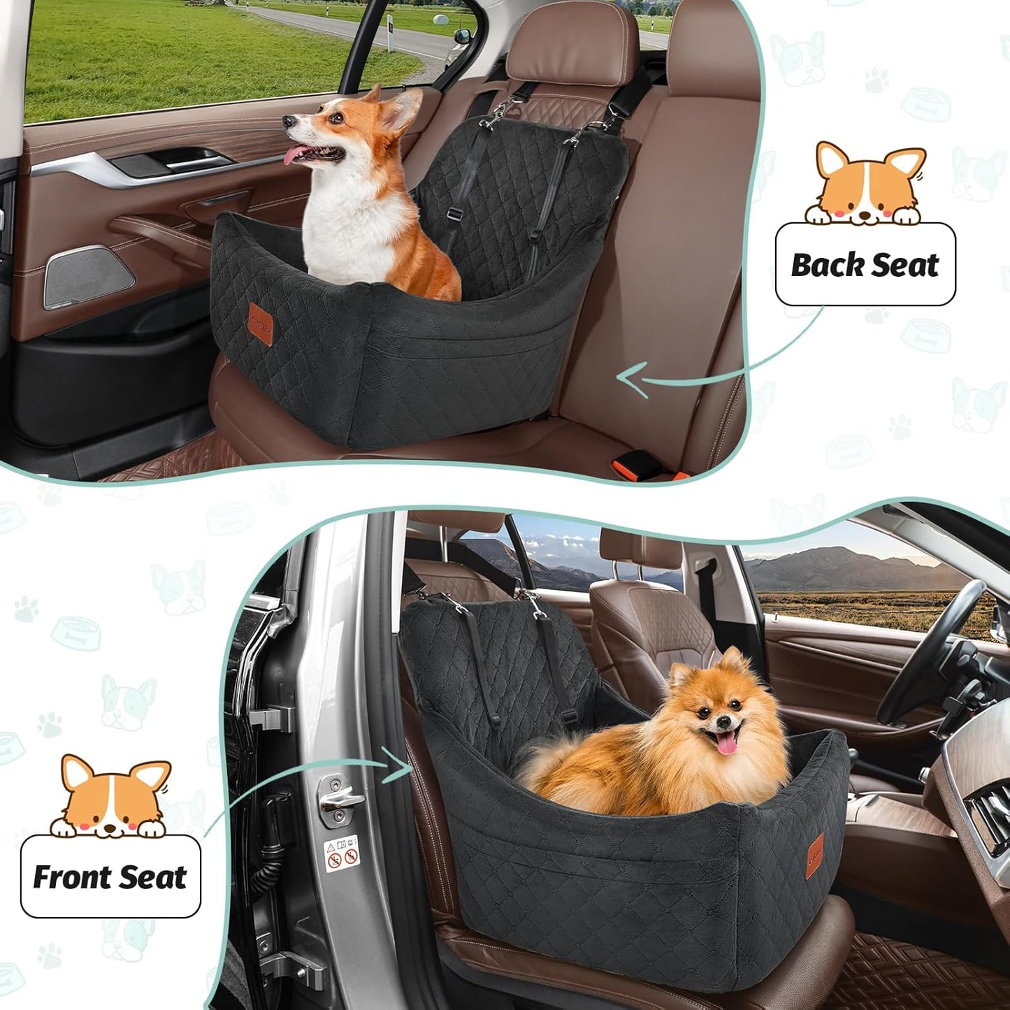 Dog Car Seat for Dogs Up to 35lbs,Fully Detachable and Washable,Memory Foam Covered Soft Fabric,Easy to Install with Adjustable Straps,Anti-Slip Bottom,Two Side Pockets(Black,Medium)
