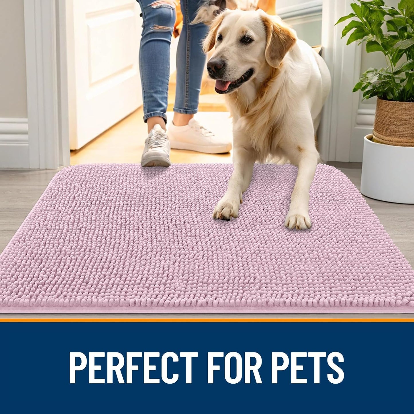OLANLY Dog Door Mat for Muddy Paws 70x35, Absorbs Moisture and Dirt, Absorbent Non-Slip Washable Doormat, Quick Dry Chenille Mud Mat for Dogs, Entry Indoor Entryway Carpet for Inside Floor, Dusty Rose