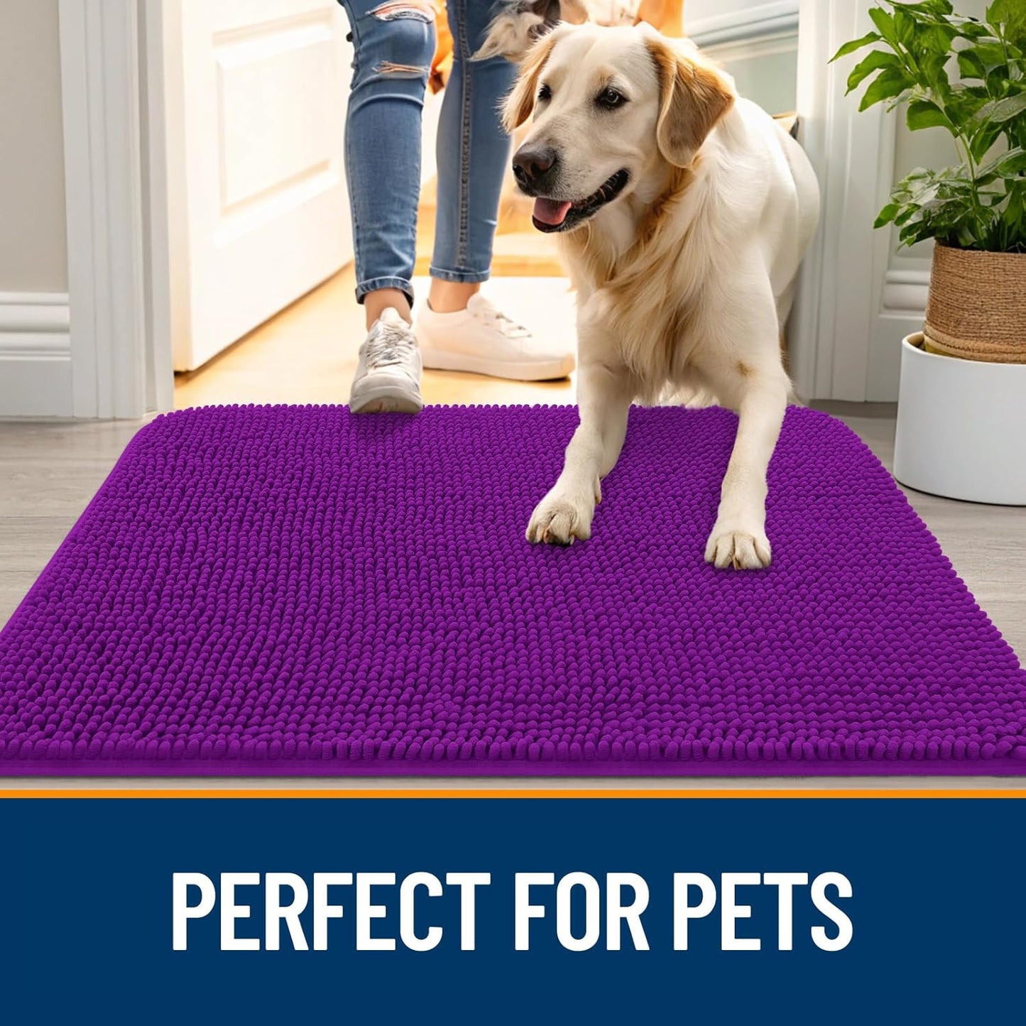 OLANLY Dog Door Mat for Muddy Paws 34x21, Absorbs Moisture and Dirt, Absorbent Non-Slip Washable Doormat, Quick Dry Chenille Mud Mat for Dogs, Entry Indoor Entryway Carpet for Inside Floor, Purple