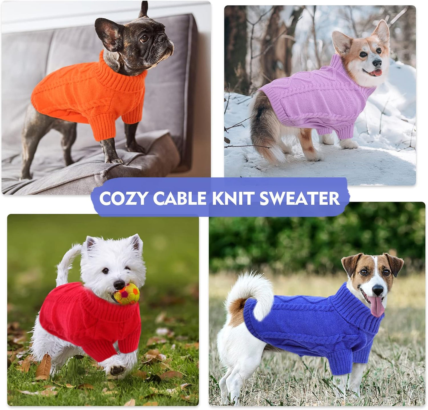 Queenmore Small Dog Pullover Sweater, Cold Weather Cable Knitwear, Classic Turtleneck Thick Warm Clothes for Chihuahua, Bulldog, Dachshund, Pug (Red, X-Small)