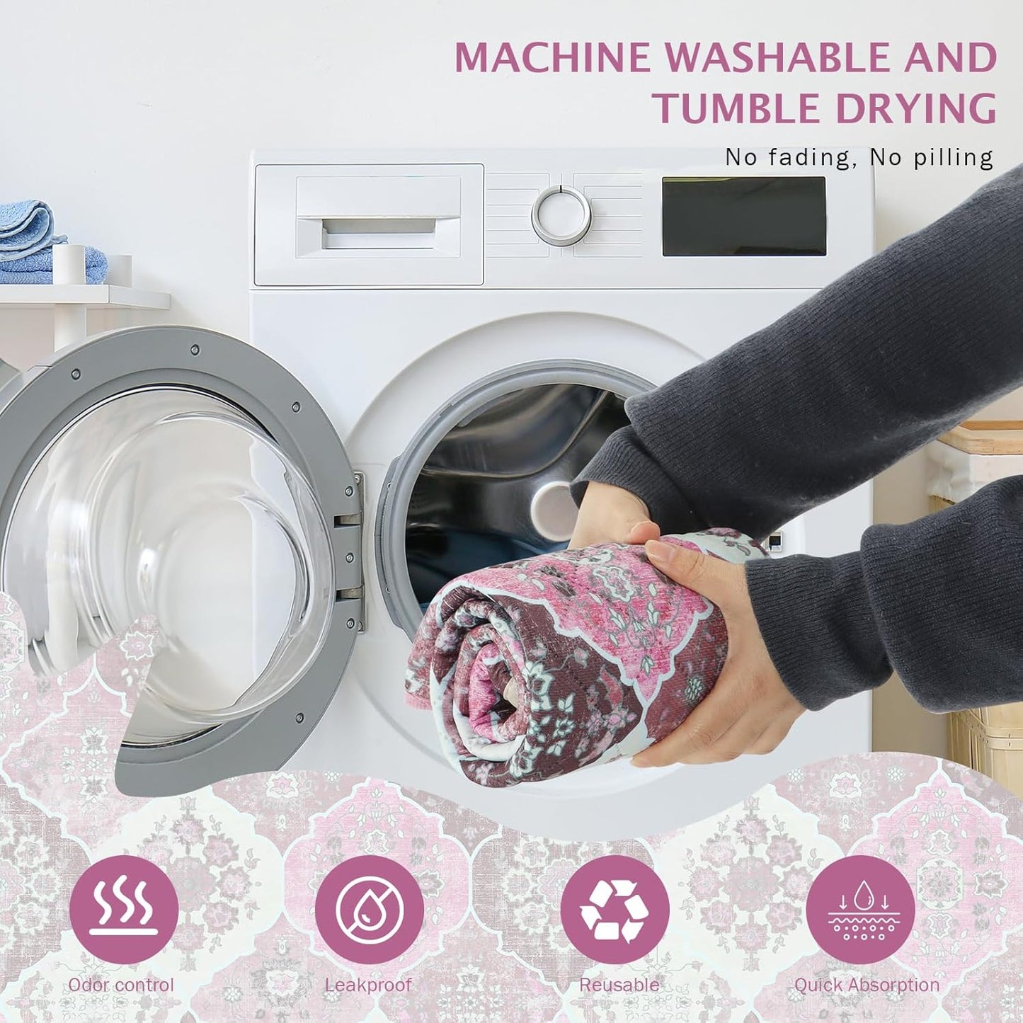 IEUUMLER Washable Pee Pads for Dogs, 1 Pack Reusable Pee Pads for Dogs Non-Slip Grip, Super Absorbent Waterproof Puppy Pads for Potty Training, Playpen, Crate, Whelping Box EU011 Pink, 63x63