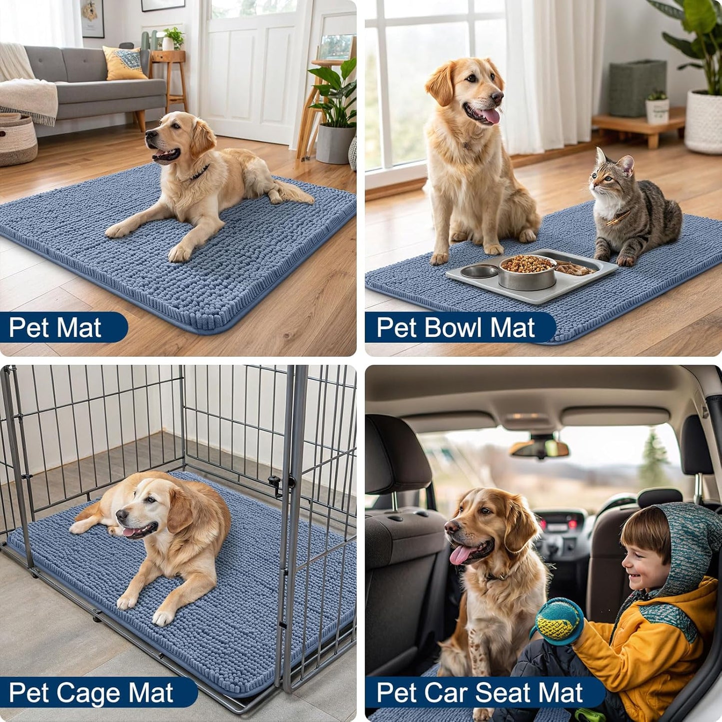 Smiry Dog Door Mat for Muddy Paws 48x30, Absorbs Moisture and Dirt Doormat, Non-Slip Washable Quick Dry Chenille Front Door Mat Indoor Entrance, Entryway Carpet for Inside Floor, Airy Blue