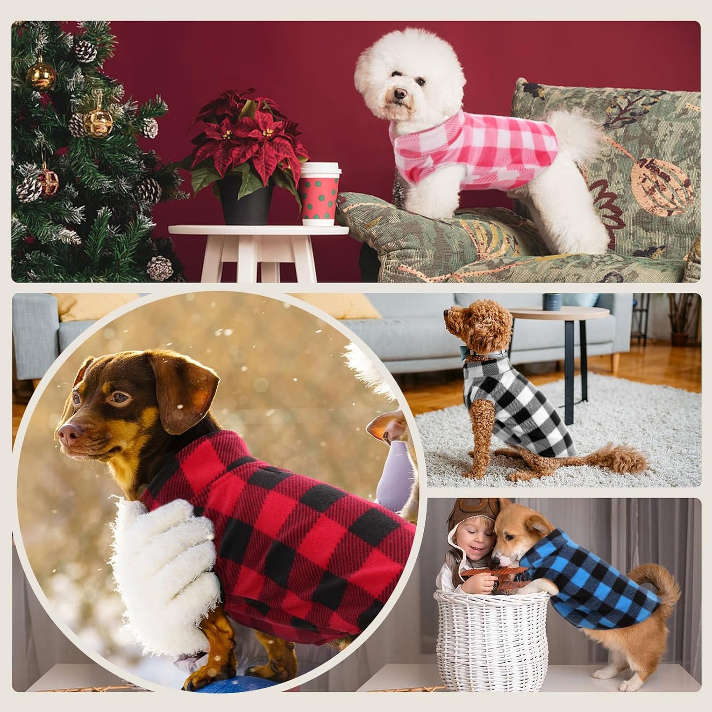 Kuoser Dog Fleece Vest,Warm Plaid Dog Sweater with Leash Hole,Soft Turtleneck Winter Pet Jacket Dogs Coat Pullover Clothes for Small Medium Dogs Cats,Spring Fall Cold Weather Christmas Outfit,Pink S